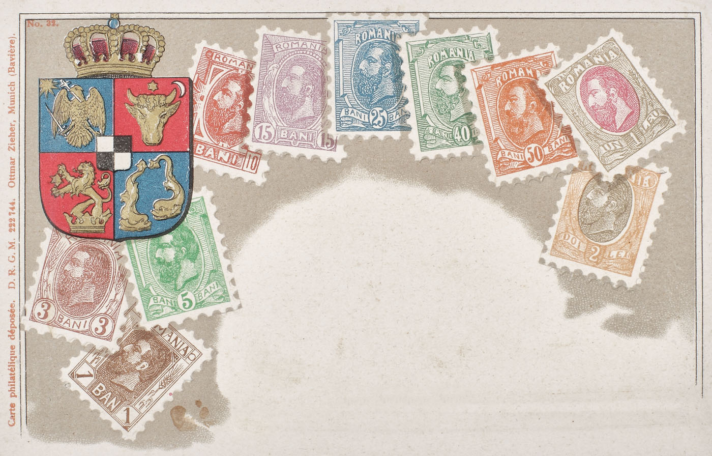 Carte poştală necirculată, cu mărci poştale româneşti, tipărită de Otmmar Zieher, München, sfârşitul sec. XIX