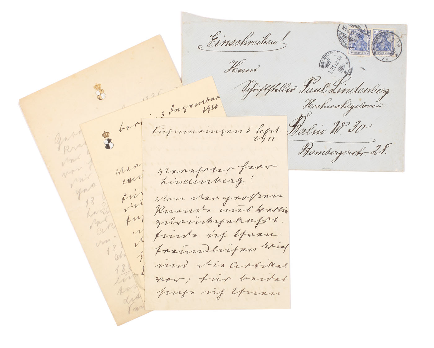 Lot format din trei scrisori în germană, trimise de Karl Anton de Hohenzollern către Paul Lindenberg, conține plicul și două sigilii originale, începutul sec. XX