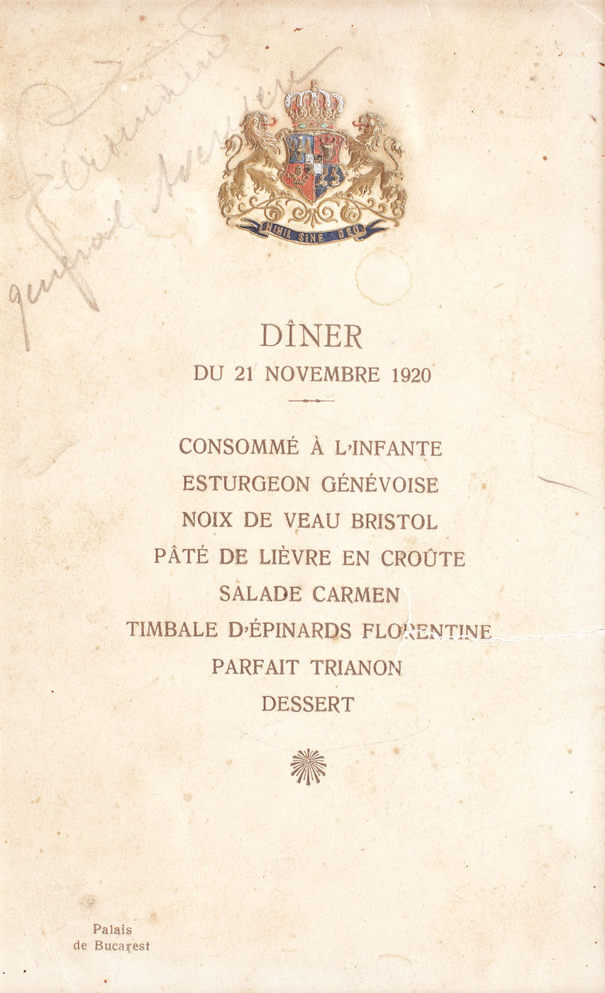Meniu al unui dineu la Palatul Regal, purtând semnătura Regelui Ferdinand I și a generalului Alexandru Averescu, 21 noiembrie 1920