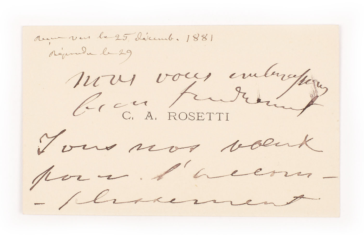 Business card of C.A. Rosetti, with the handwritten annotations of C. A. Rosetti and Maria Rosetti, 1881