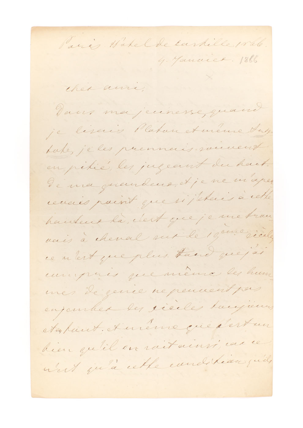 Letter sent by Ion C. Brătianu to his friend, Paul Bataillard, Paris, 4 January 1866, 2 pages