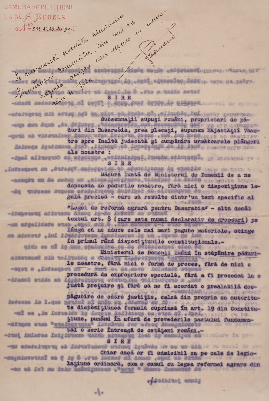Petiție a proprietarilor din Basarabia către Regele Ferdinand I, cu rezoluţia şi semnătura olografă ale acestuia, 29 decembrie 1921