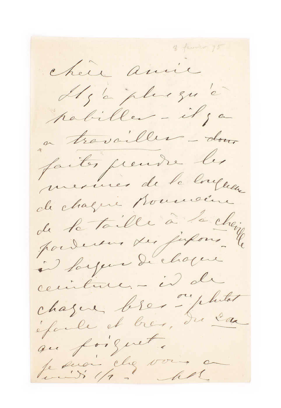 Scrisoare trimisă de Maria Rosetti, soţiei lui Paul Batailard în care descrie modificările făcute la costumele pe care le-a purtat în picturile realizate de Constantin Daniel Rosenthal, care ilustrează România revoluţionară, cca. 1870