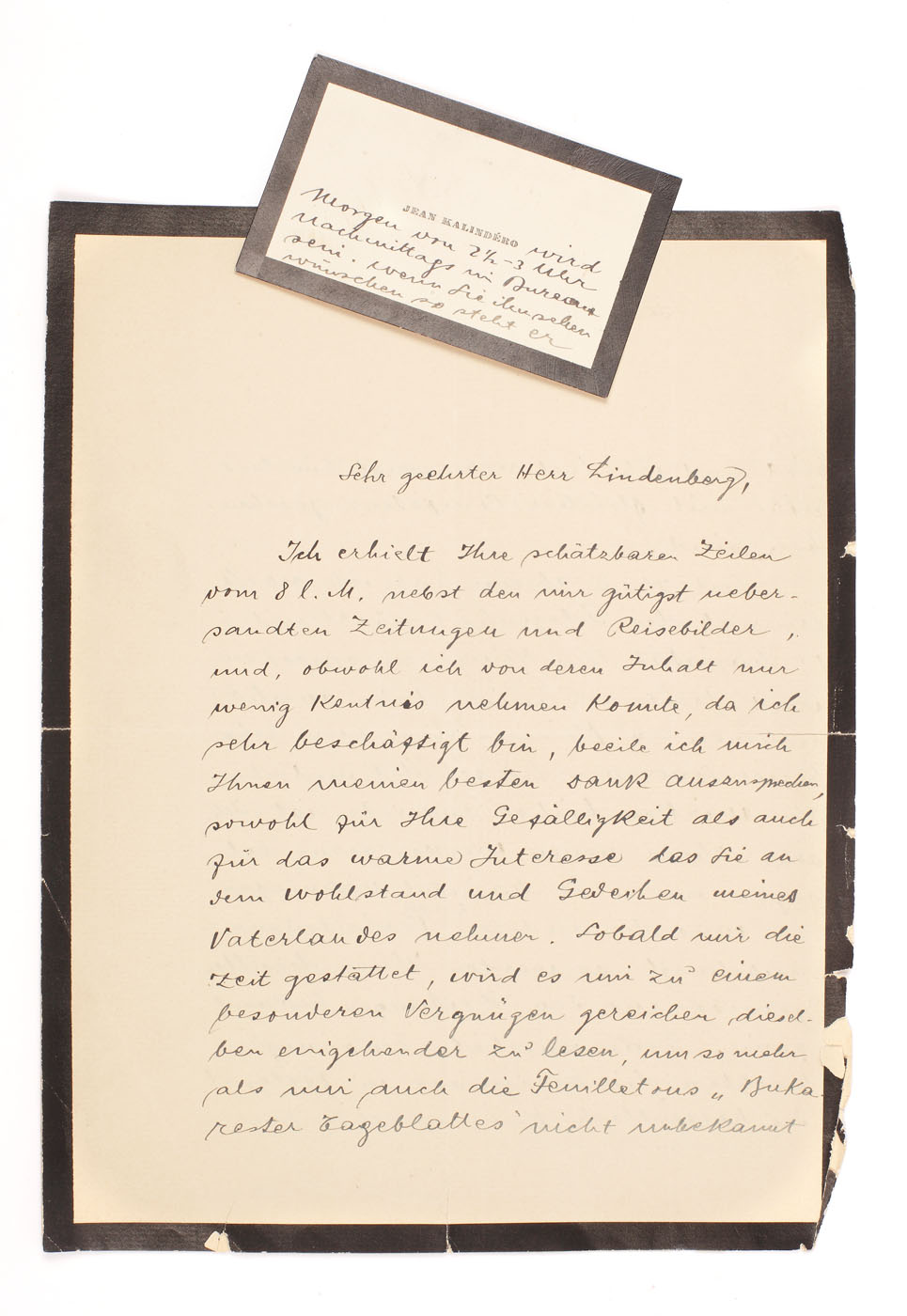 Scrisoare în germană, trimisă de Ion Kalinderu scriitorului Paul Lindenberg, referitoare la asasinarea familiei Obrenovici, conține semnătura olografă I. Kalinderu și o carte de vizită a acestuia, două file, 1903