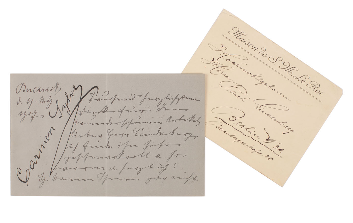 Scrisoare de mulţumire trimisă de Regina Elisabeta lui Paul Lindenberg, conține plicul original, cu antetul Casei Regale, martie 1907