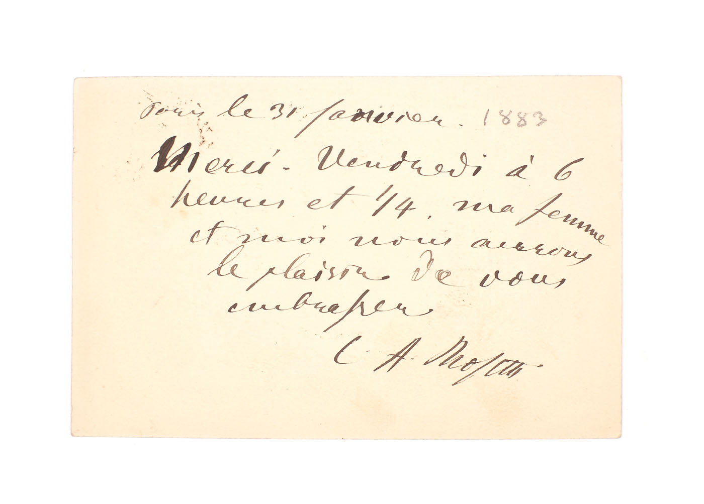 Carte poștală scrisă de C.A. Rosetti prietenului său, Paul Bataillard, Paris, 1883