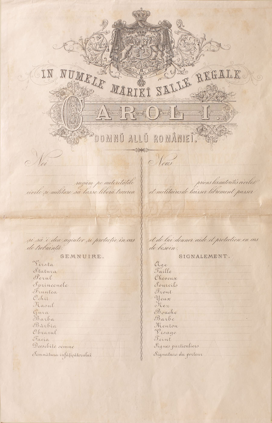 Passport form issued during King Carol I’s period, late 19th century