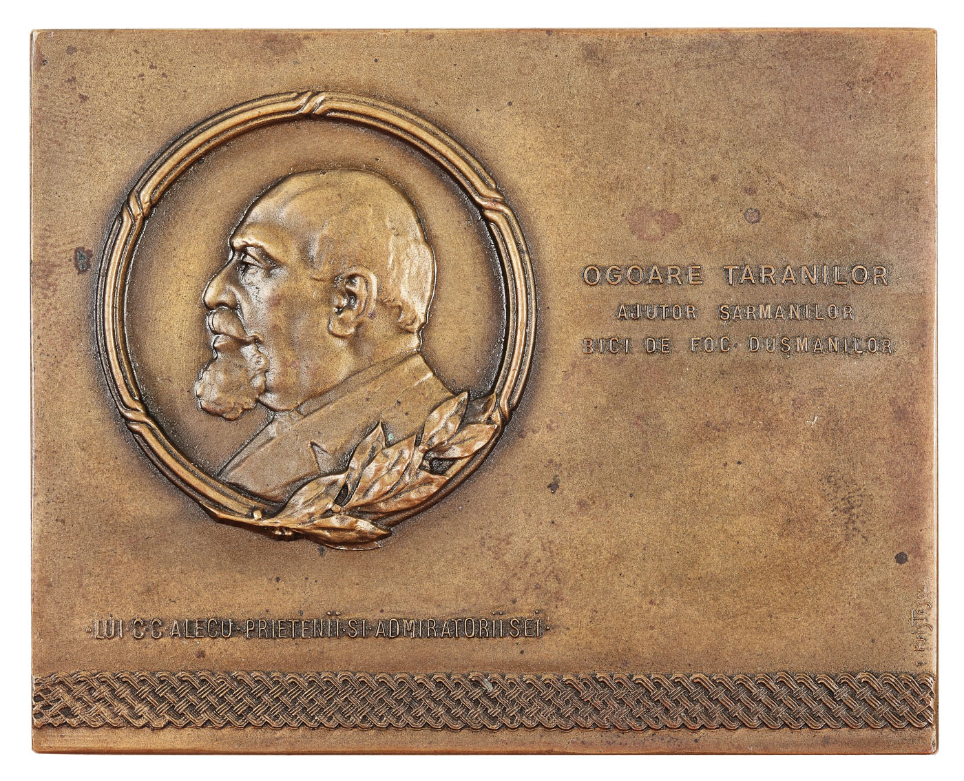 Plaque dedicated to C.C. Alecu "Fields for the peasants, aid for the poor, burning whip for the enemies," engraver Constantin Kristescu, 1925