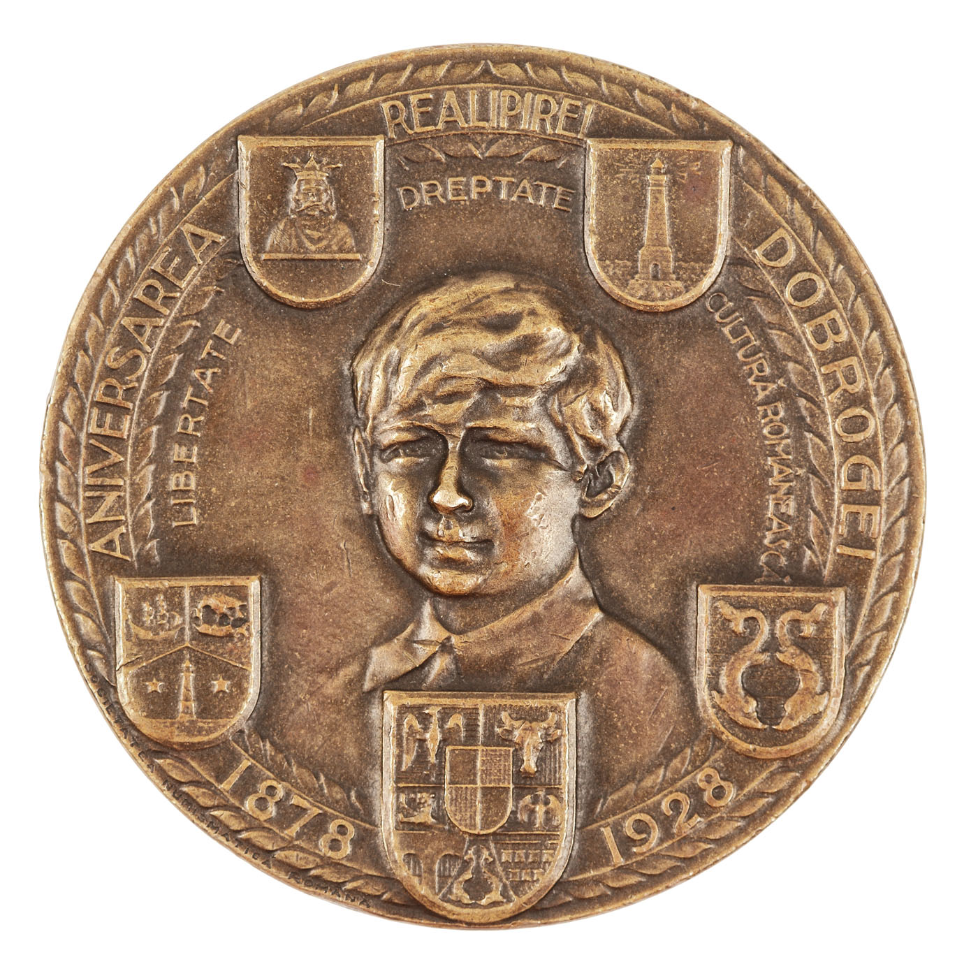 Medalie aniversară, 50 de ani de la revenirea Dobrogei, "Regii României Liberatori Apărători și Ocrotitori ai Dobrogei", aniversară, atelier Huguenin, 1928