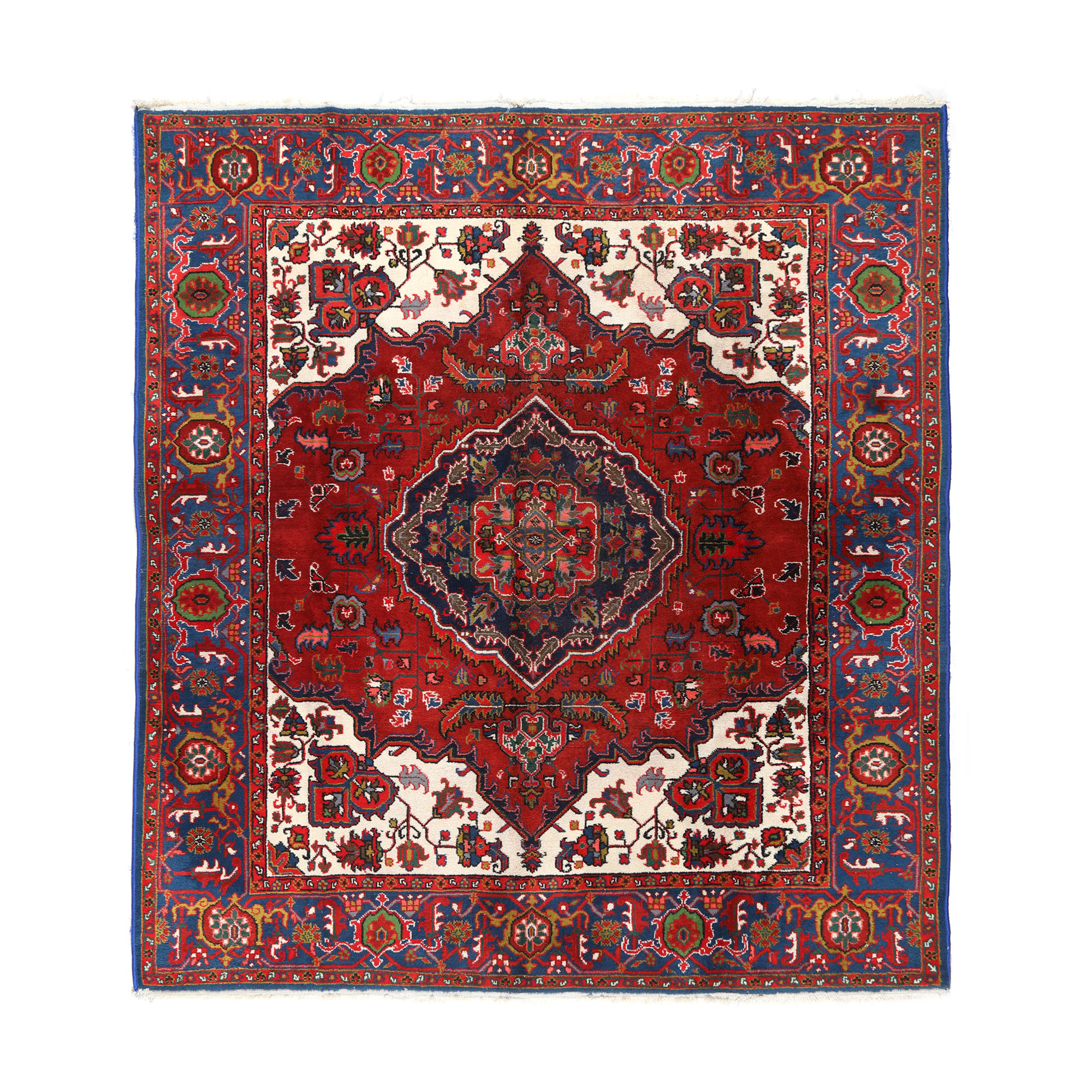 Covor Heriz din lână pe bumbac, decorat cu medalion central și motive florale stilizate, Iran