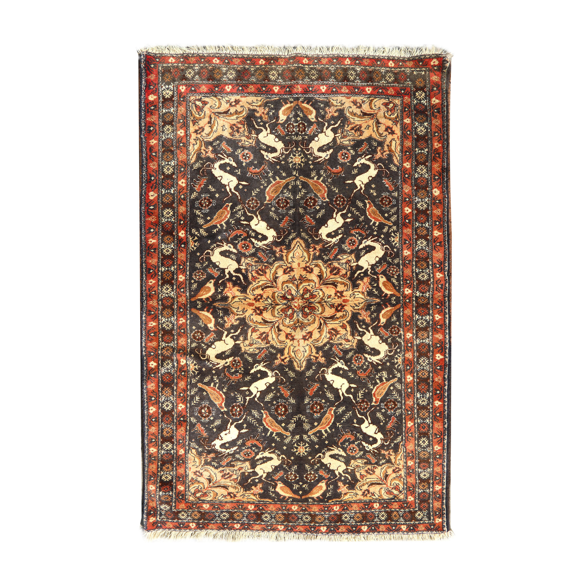 Interesant covor Baluch din lână, decorat cu capre și porumbei, Iran, mijlocul sec. XX