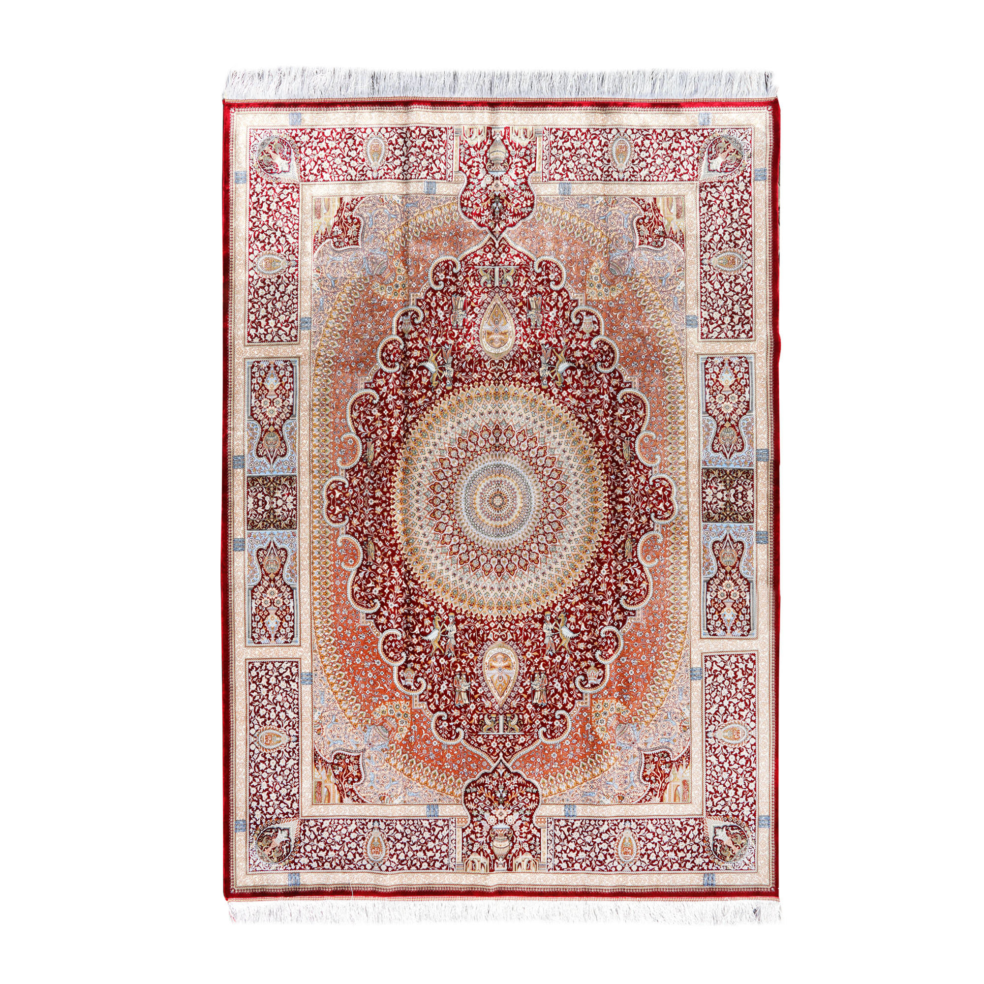 Qum silk rug, decorated with capricorns and Zoroastrian motifs, Iran