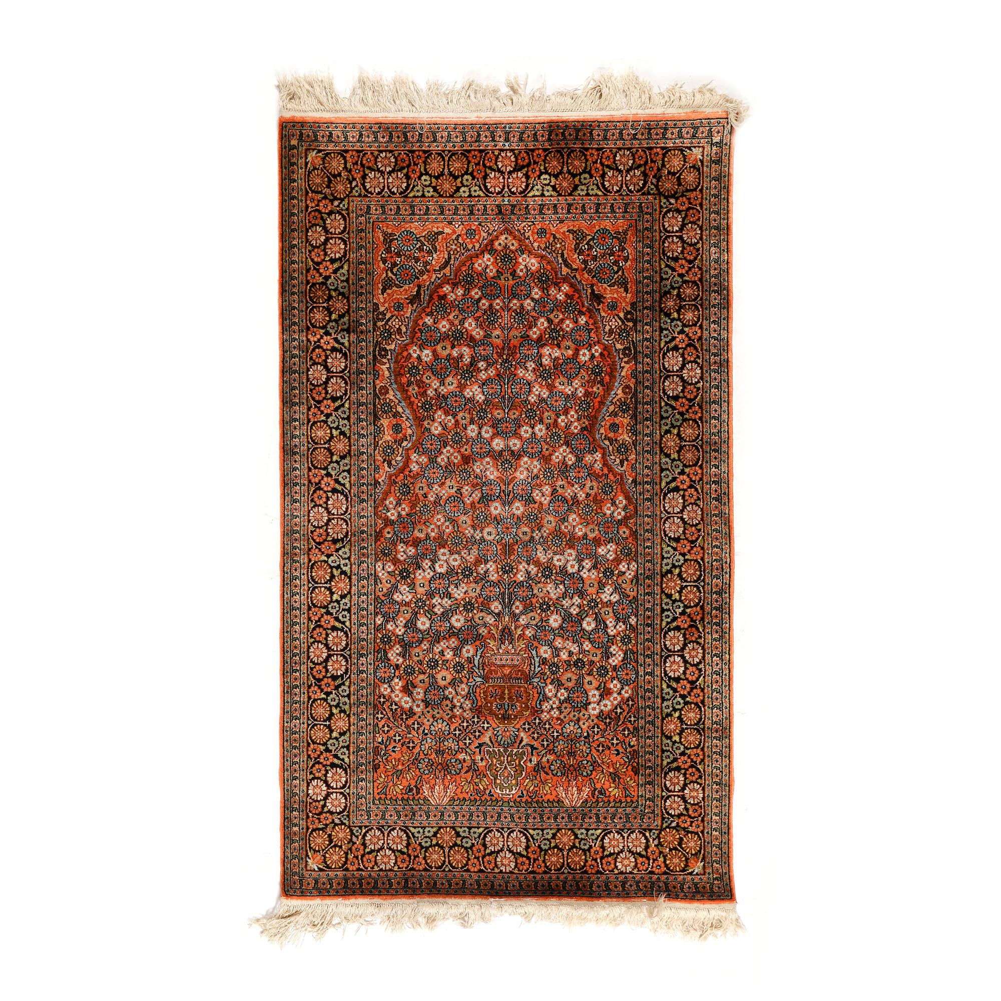 Covor Kashan din mătase, de rugăciune, decorat cu motivul pomului vieții, Iran, mijlocul sec. XX