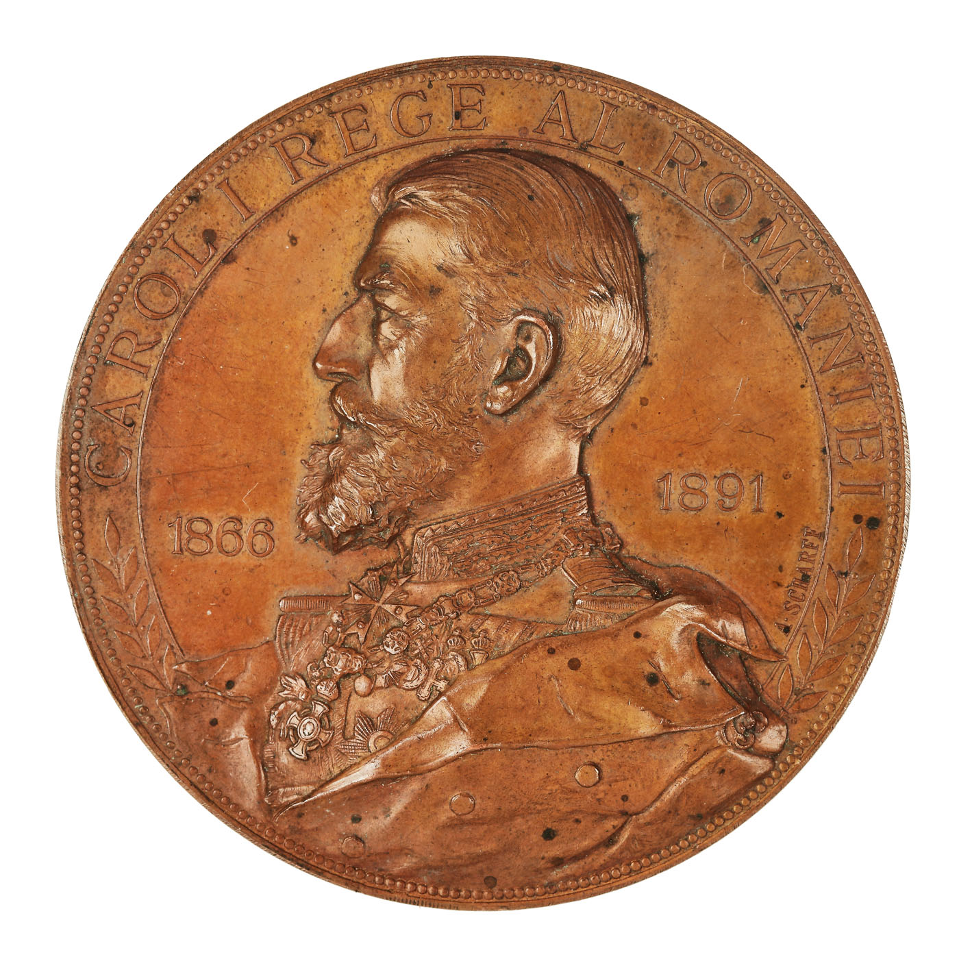 Medalie aniversară ”25 de ani de domnie a Regelui Carol I, 1866-1891”, gravor Anton Rudolf Scharff