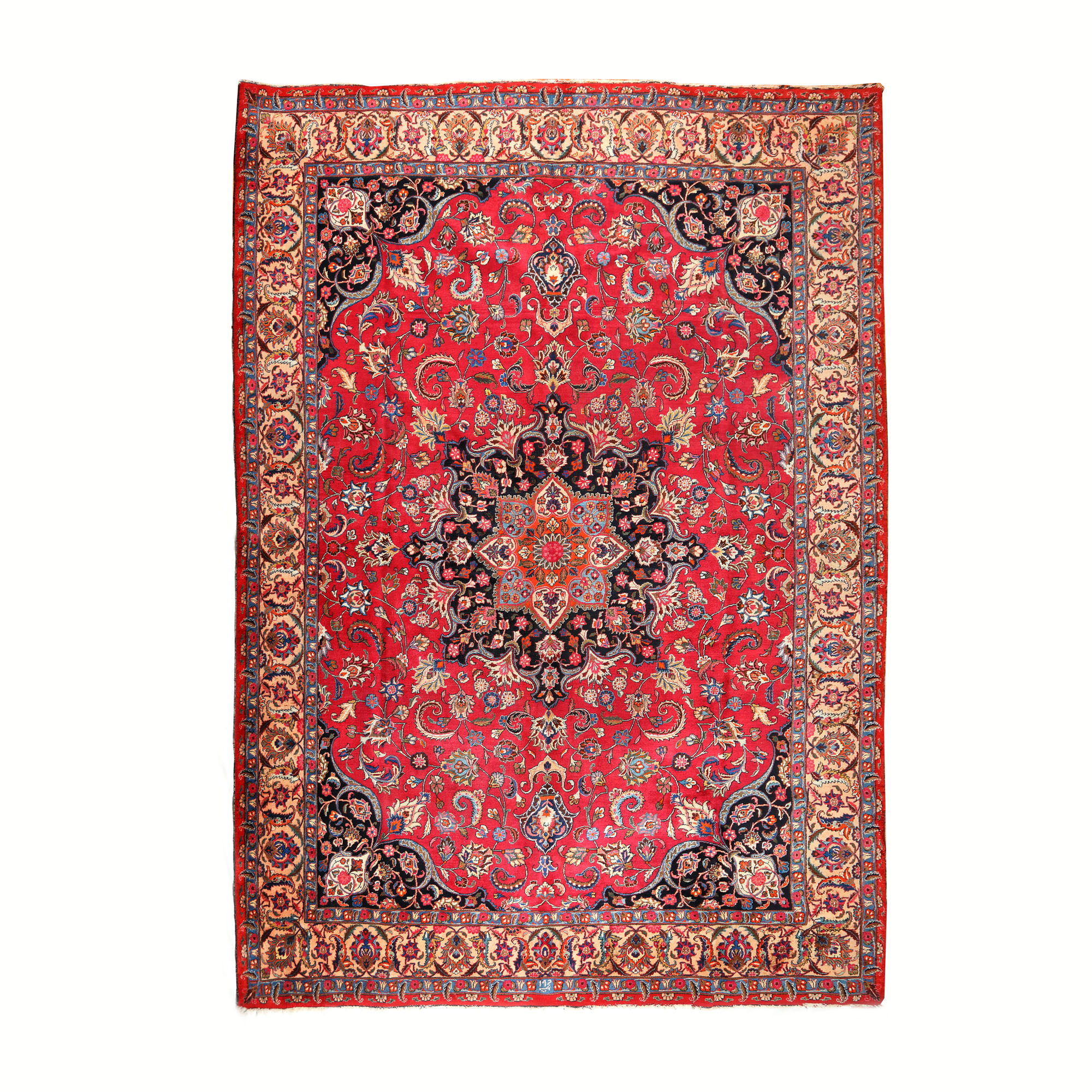 Covor Tabriz din lână, decorat cu trandafiri, semnat, Iran, cca. 1900-1920