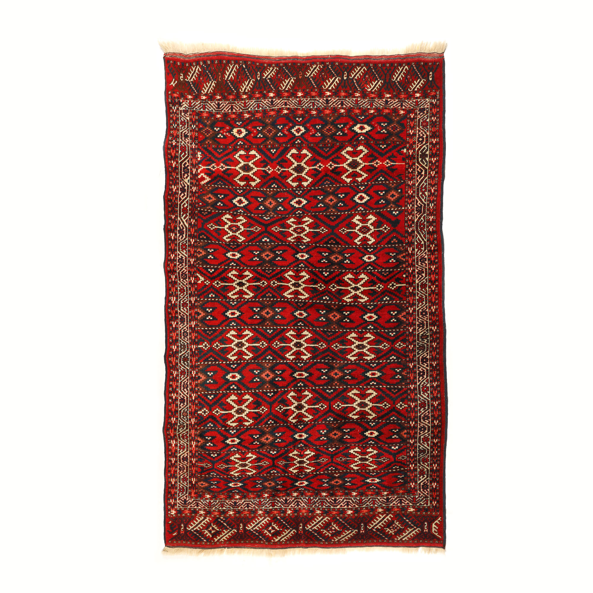 Covor Buhara-Yomut din lână, decorat cu medalioane și motive specifice, Turkmenistan, cca. 1930