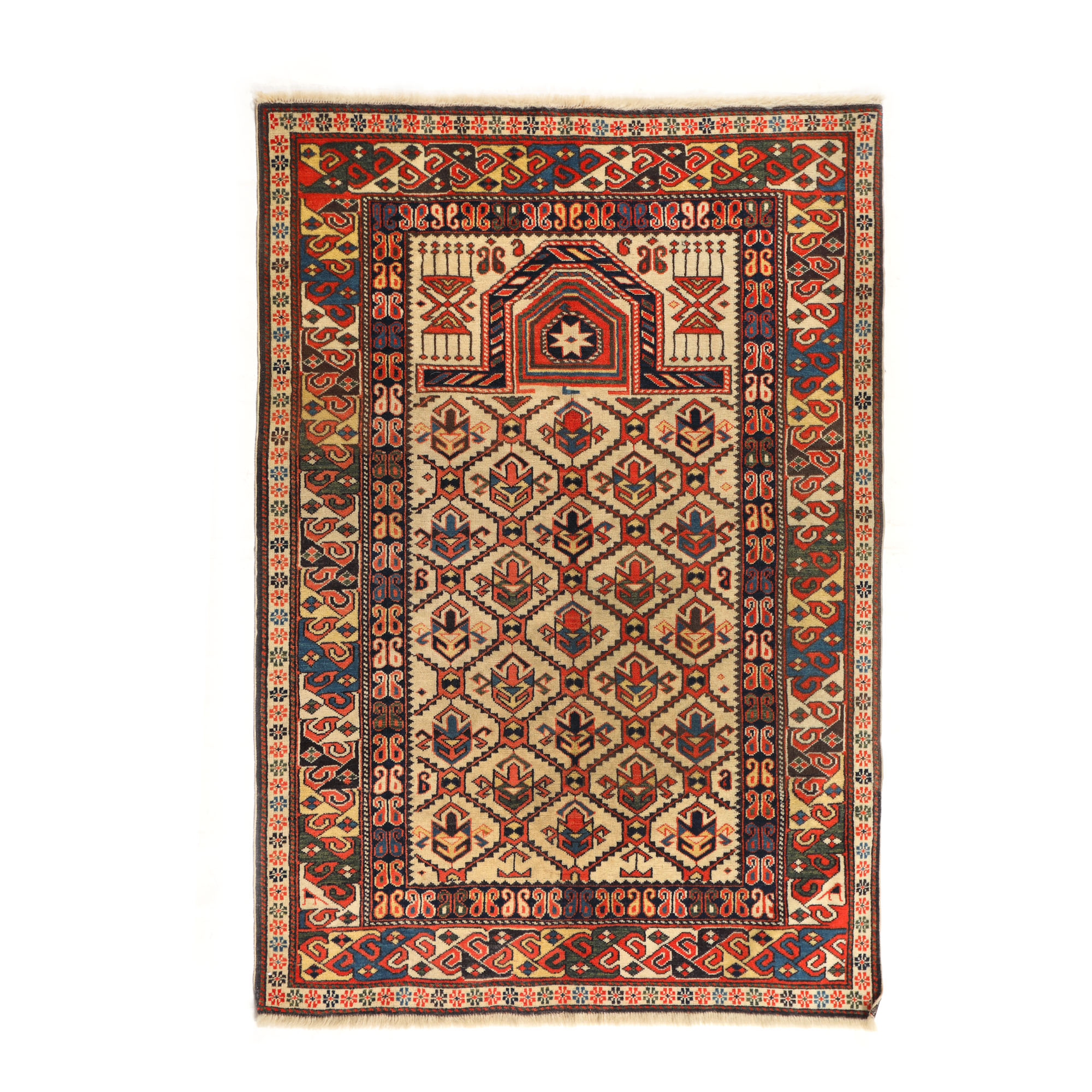Covor Marasali din lână, de rugăciune, decorat cu mihrab și motive geometrice elaborate, Caucaz, cca. 1920