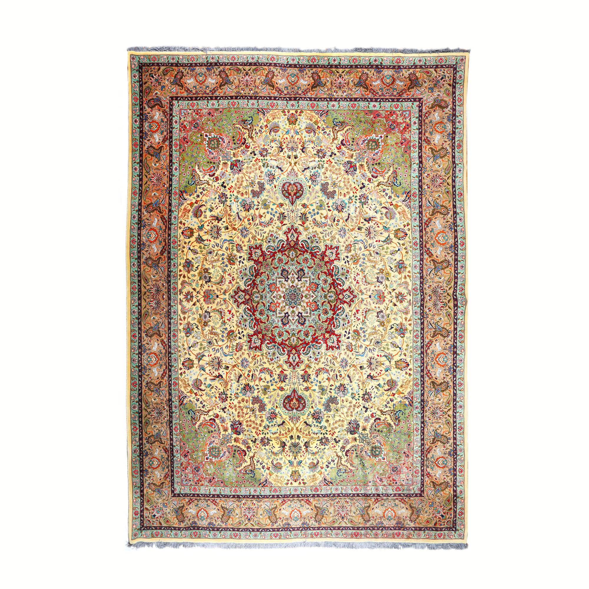 Covor Tabriz din lână pe urzeală din bumbac, decorat cu medalion central și bogate motive florale, Iran