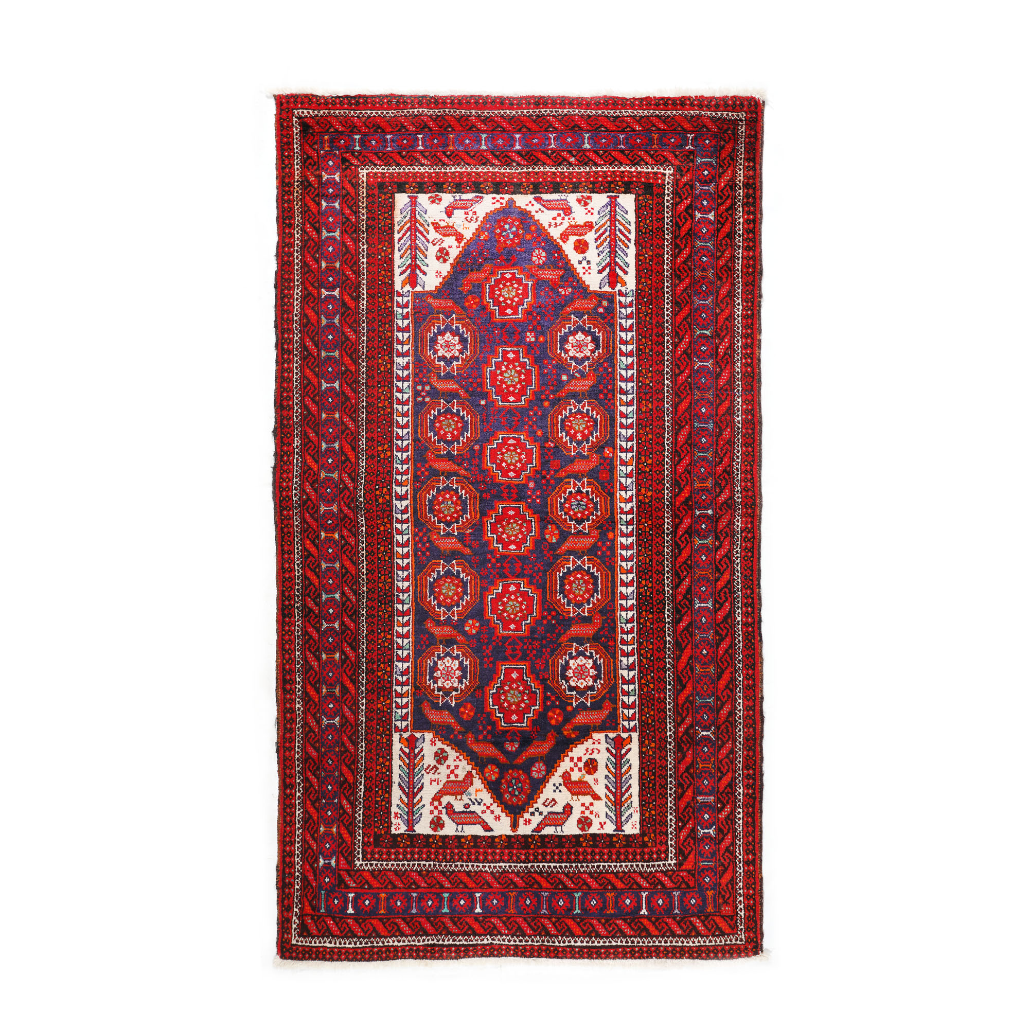 Splendid covor Baluch din lână, decorat cu păuni, Persia, începutul sec. XX, piesă foarte rară de colecție