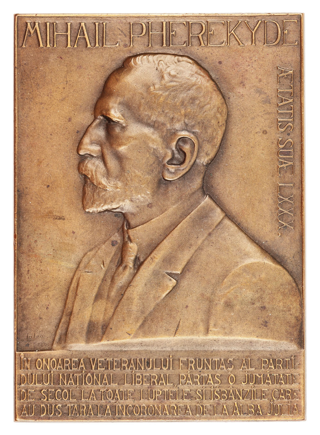 Plachetă omagială ”Mihail Pherekyde”, din partea Partidului Național Liberal, gravor Ion Jalea, 1923