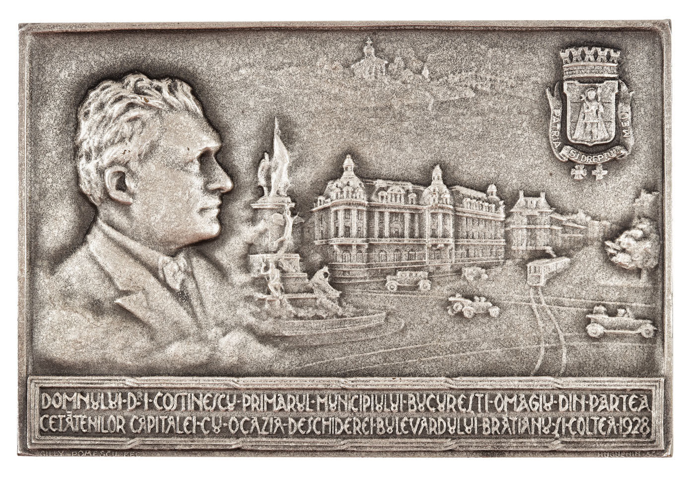 Plachetă omagială dedicată realizărilor primarului Bucureştiului D.I. Costinescu, gravori Huguenin şi Gilly Pomescu, 1928