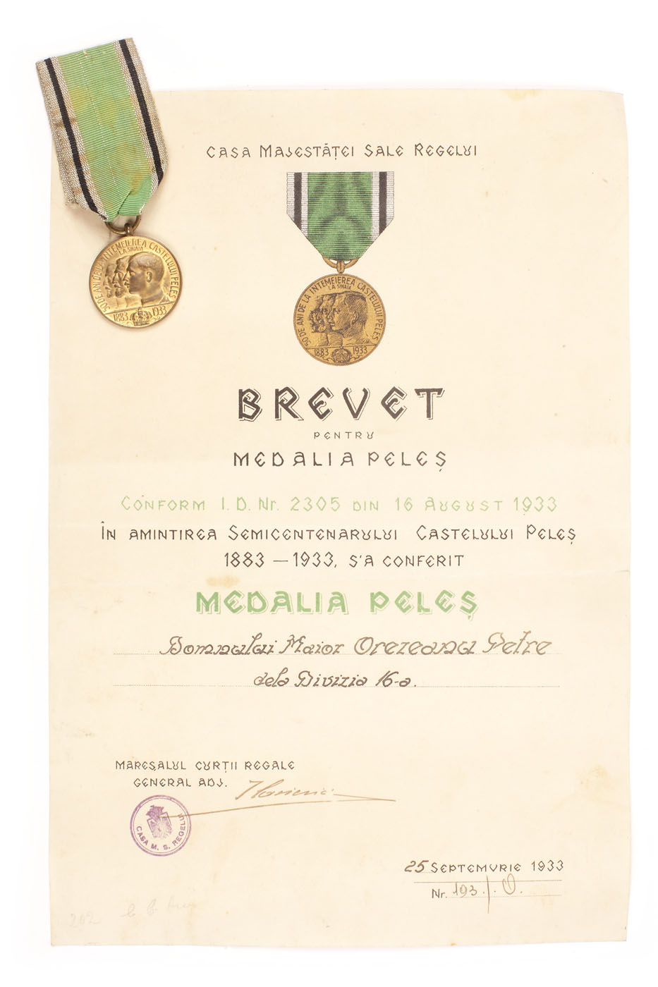 Medalia "Peleş", în amintirea semicentenarului castelului Peleș 1883-1933, însoțită de brevet, conferită la 25 septembrie 1933