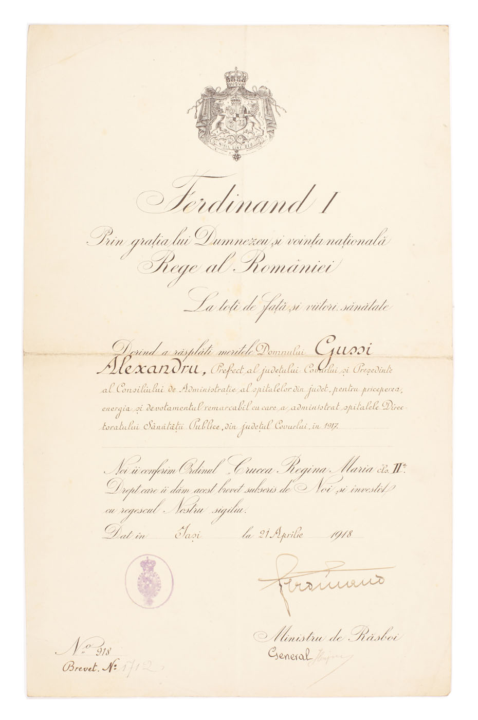 Brevet de conferire a Ordinului "Crucea Regina Maria", clasa a II-a, lui Alexandru Gussi, pentru priceperea şi devotamentul remarcabil în administrarea spitalelor publice din Judeţul Covurlui în 1917, semnat de Regele Ferdinand I, Iaşi, 1918