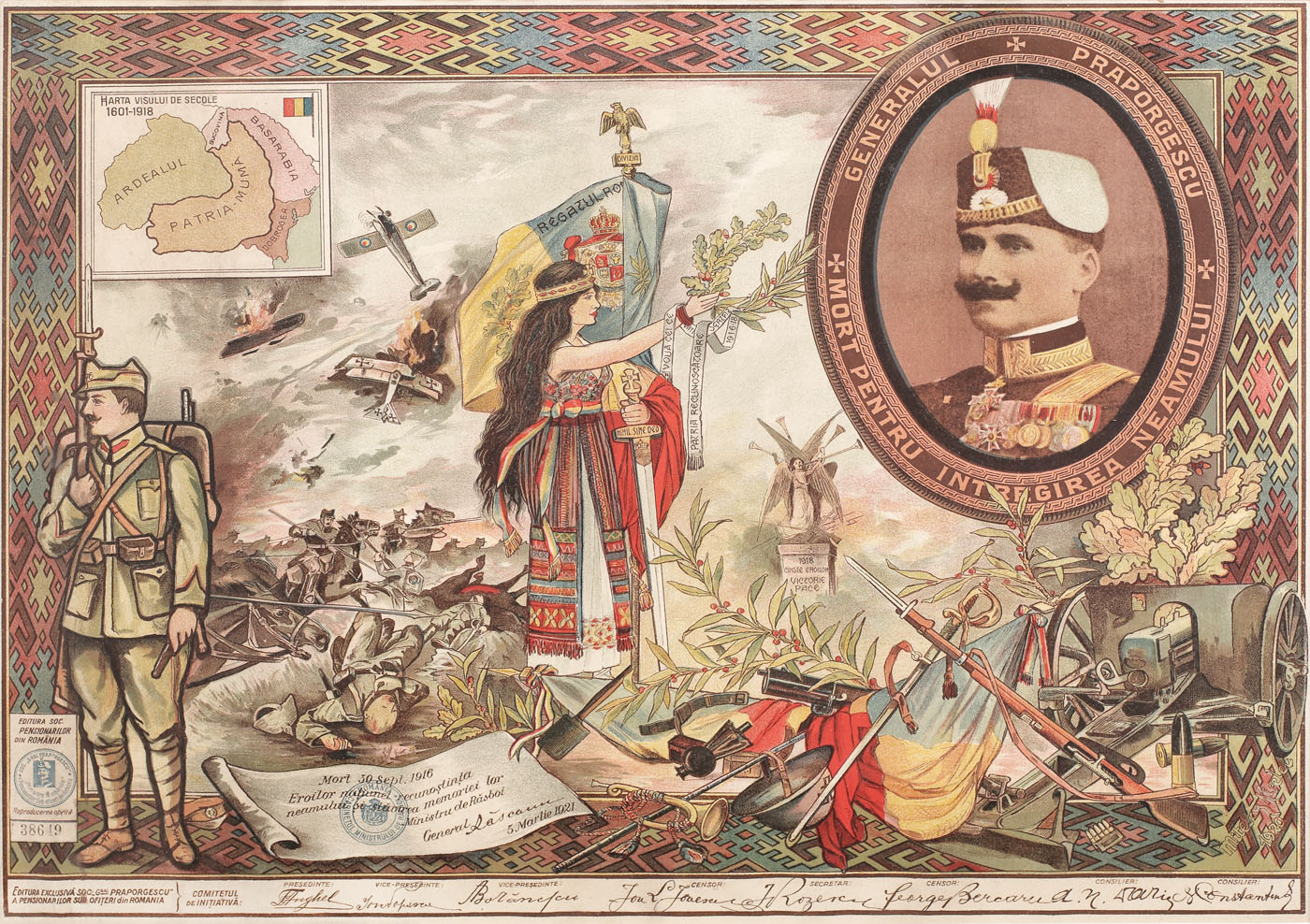 Diploma issued by the "General Praporgescu" Society, for the glorification of Romanian heroes during the War for reunification of the people, ca. 1921