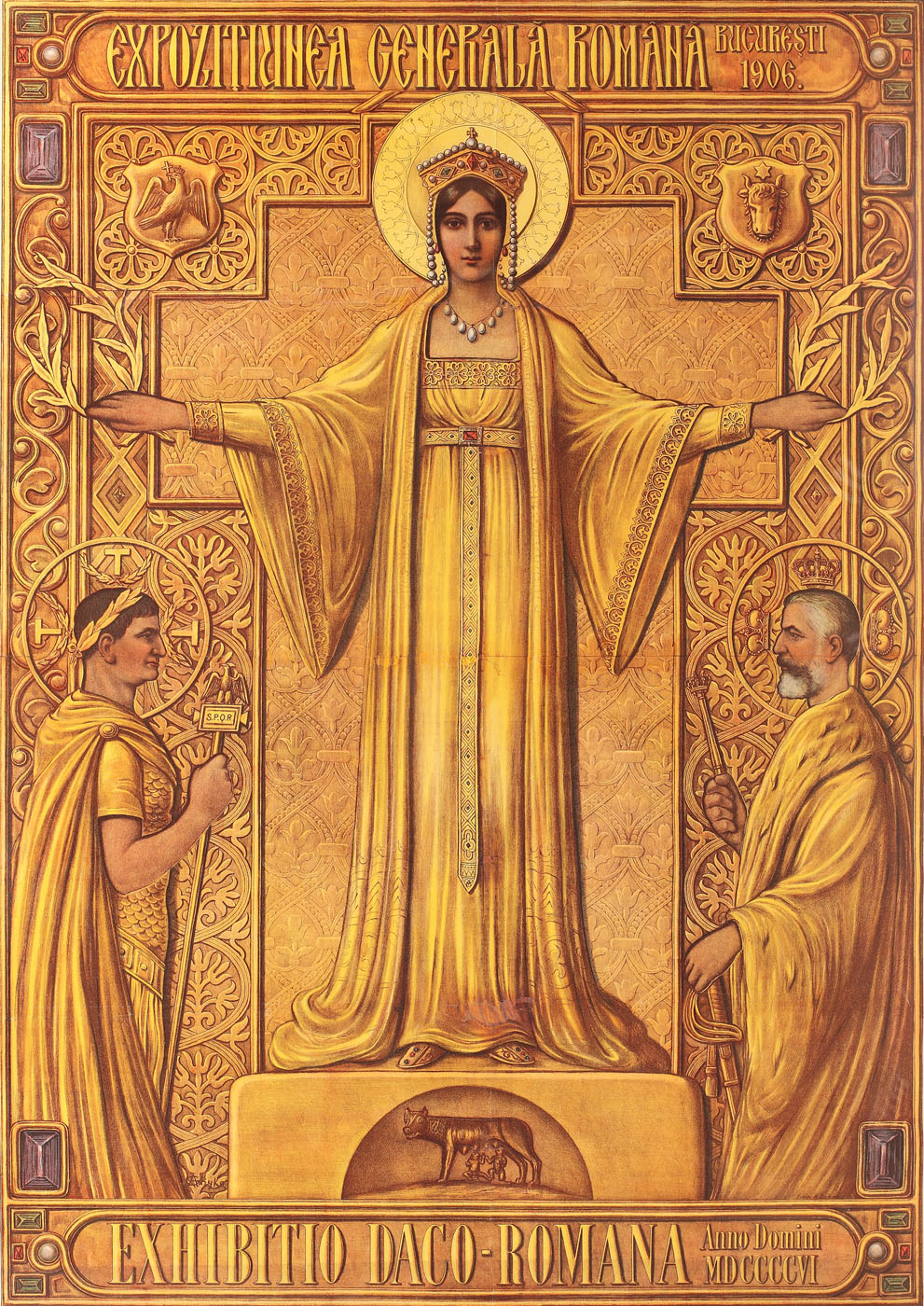 "General Romanian Exposition Bucharest, 1906" Poster (Romania giving its blessing to Emperor Trajan and King Carol I of Romania) by Alexandru Ghyka 