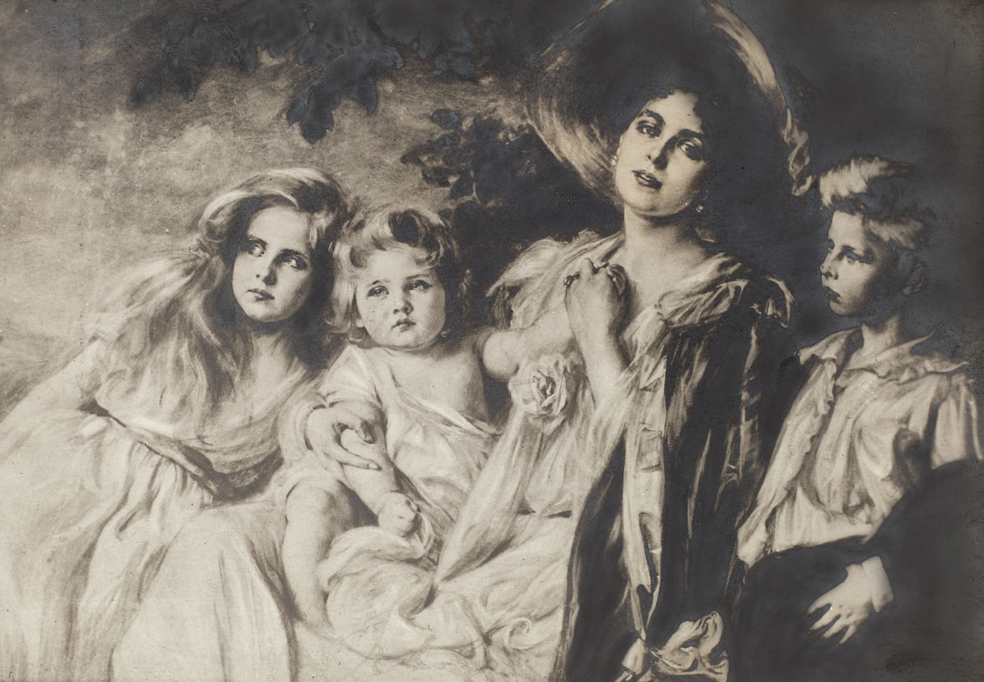 Litografie ilustrând-o pe Regina Maria alături de primii trei copii ai săi, Carol, Elisabeta și Maria, 1905