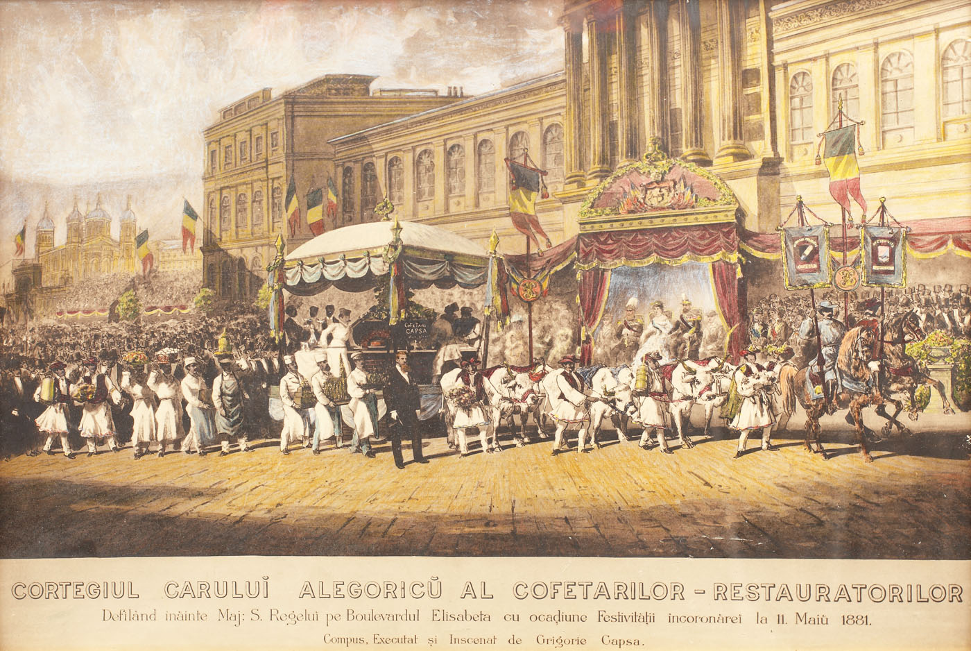 Cromolitografie ilustrând defilarea carului alegoric al cofetarilor pe Bulevardul Elisabeta, cu ocazia festivității de încoronare a lui Carol I ca Rege, 11 mai 1881 