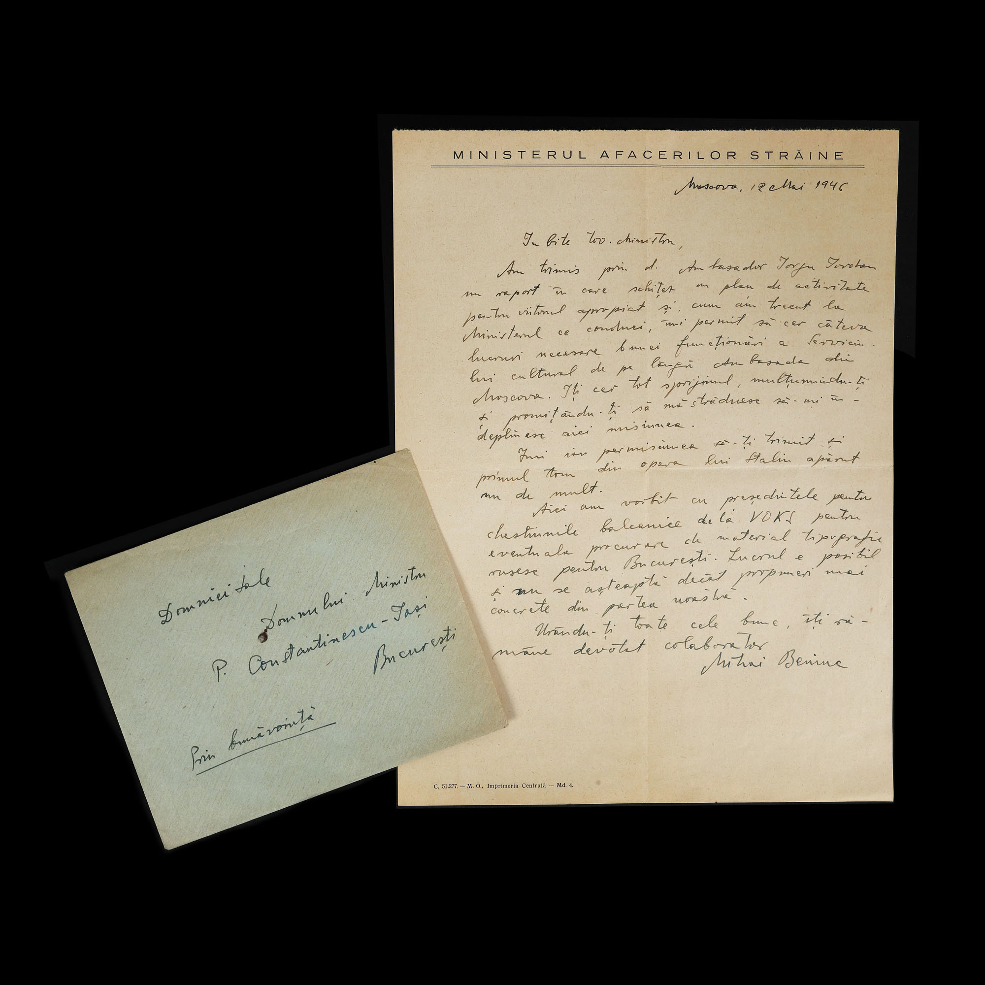 Inedită scrisoare (”...mă străduiesc să-mi îndeplinesc misiunea”) trimisă de Mihai Beniuc către Ministrul propagandei Petre Constantinescu-Iași, Moscova, 12 mai 1946, cu semnătura olografă și plicul original