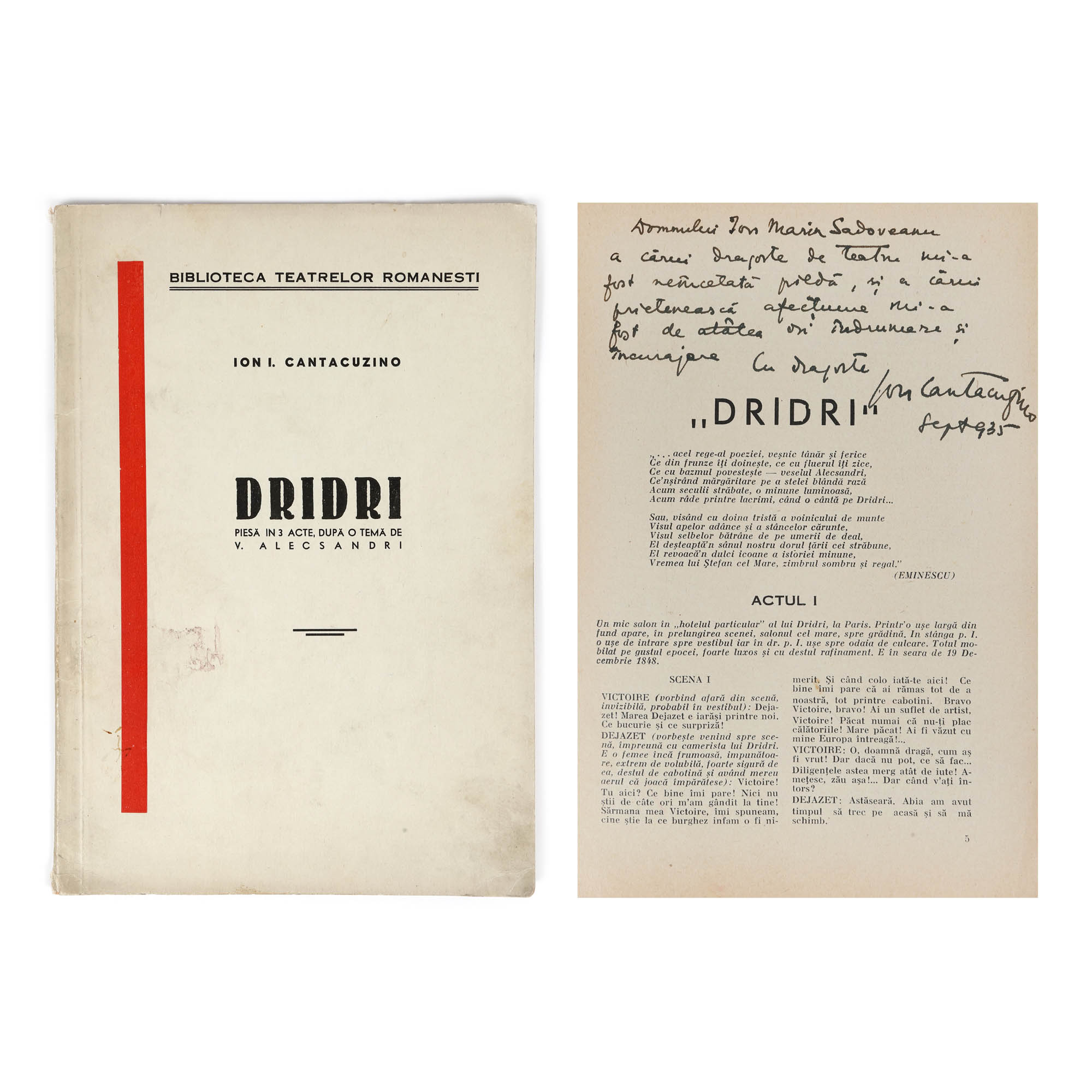 ”Dridri”, de Ion I. Cantacuzino, București, 1935, cu dedicația autorului către Ion Marin Sadoveanu