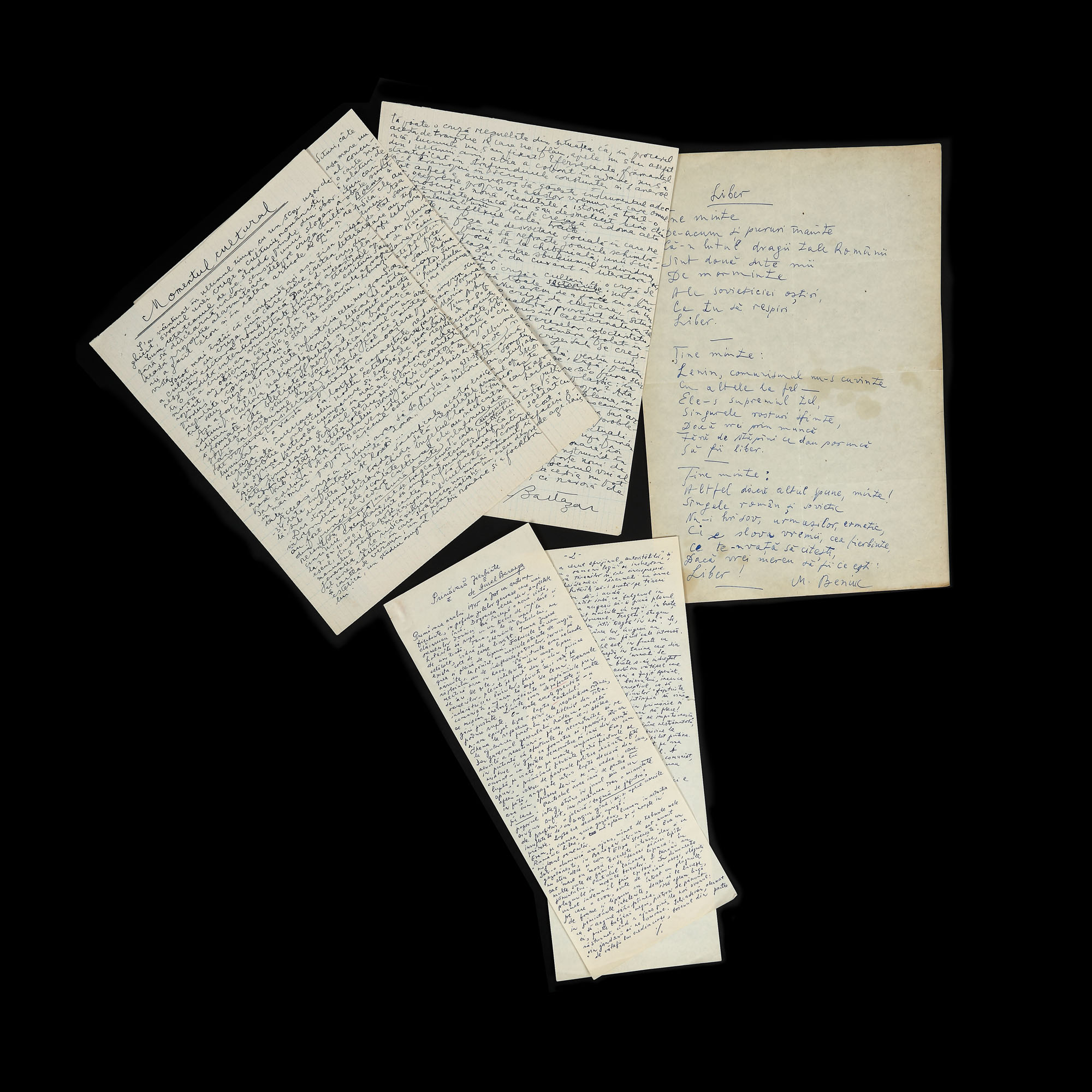 Lot format din trei manuscrise: ”Primăvară fierbinte”, de Aurel Baranga, ”Momentul Cultural”, de Camil Baltazar și ”Liber”, de Mihai Beniuc, cu semnăturile olografe ale autorilor, provine din colecția poetului avangardist Sașa Pană (șase file)