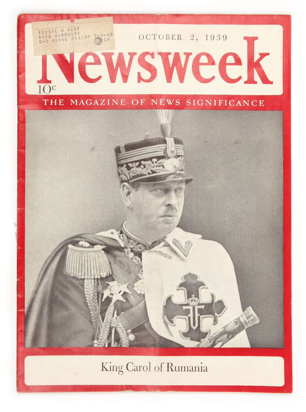 "Newsweek" magazine, 2 October 1939, with postal address from the USA