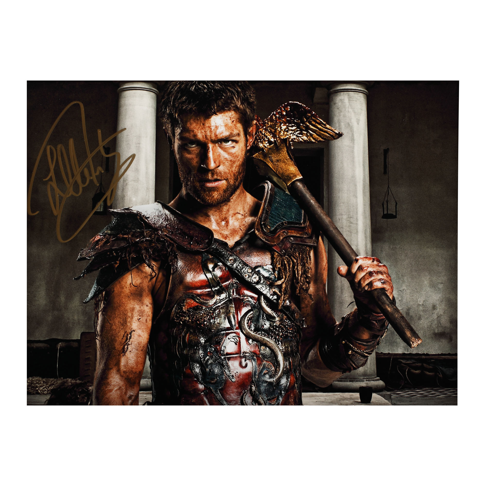 Fotografie ilustrându-l pe Spartacus, cu semnătura olografă a actorului Liam McIntyre și certificat de autenticitate