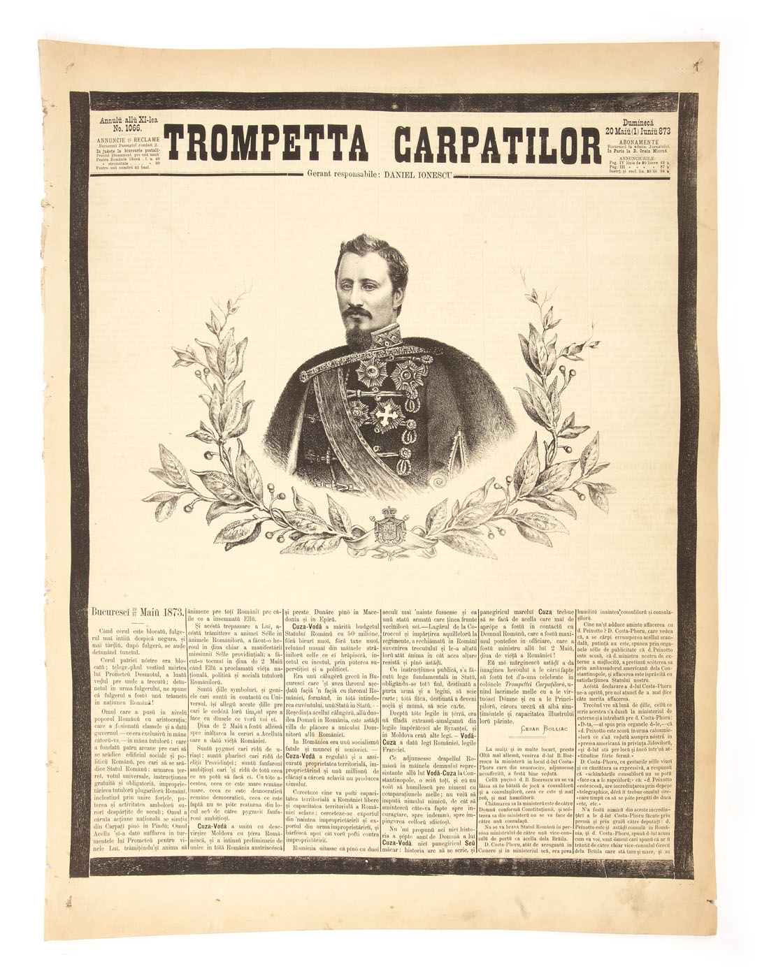 Ziar de colecţie, "Trompeta Carpaților", dedicat personalităţii creatorului statului modern român, Alexandru Ioan Cuza, 1 iunie 1873