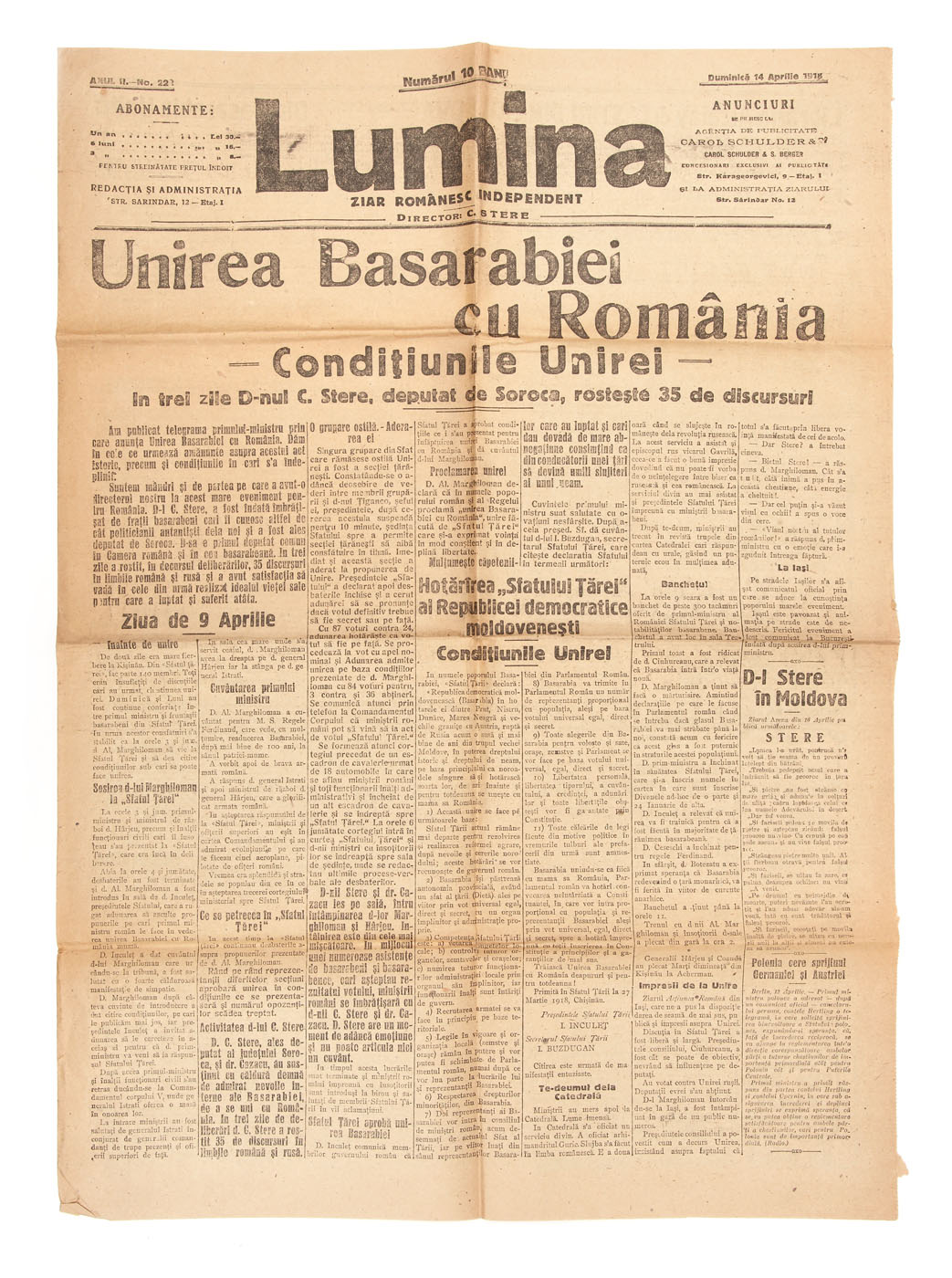 "Lumina" newspaper, dedicated to the union of Bessarabia and Romania, 14 April 1918