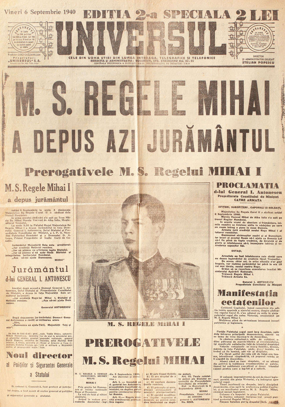 Ziarul "Universul", număr dedicat depunerii jurământului Regelui Mihai I, 6 septembrie 1940