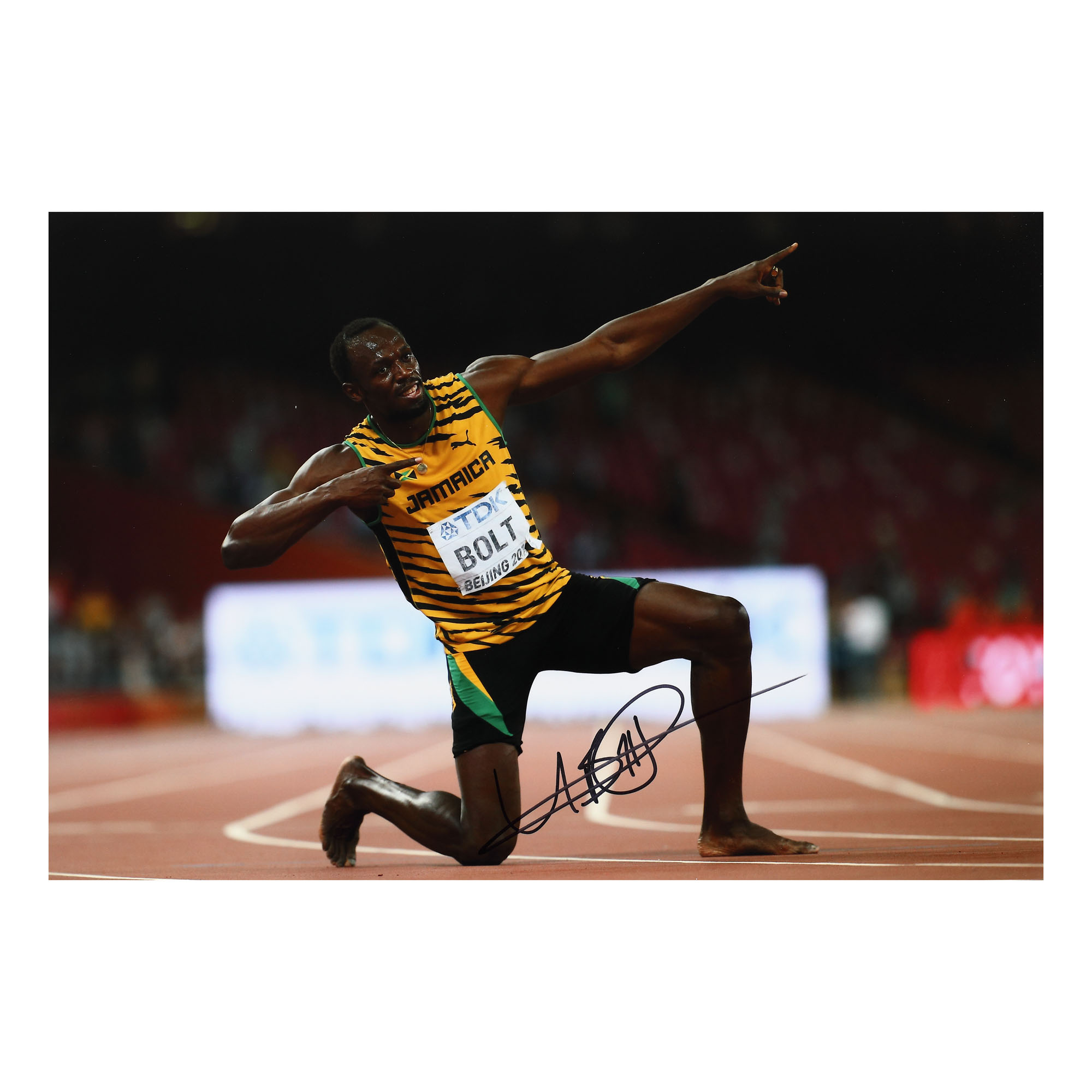 Fotografie ilustrându-l pe Usain Bolt, cu semnătura olografă și certificat de autenticitate