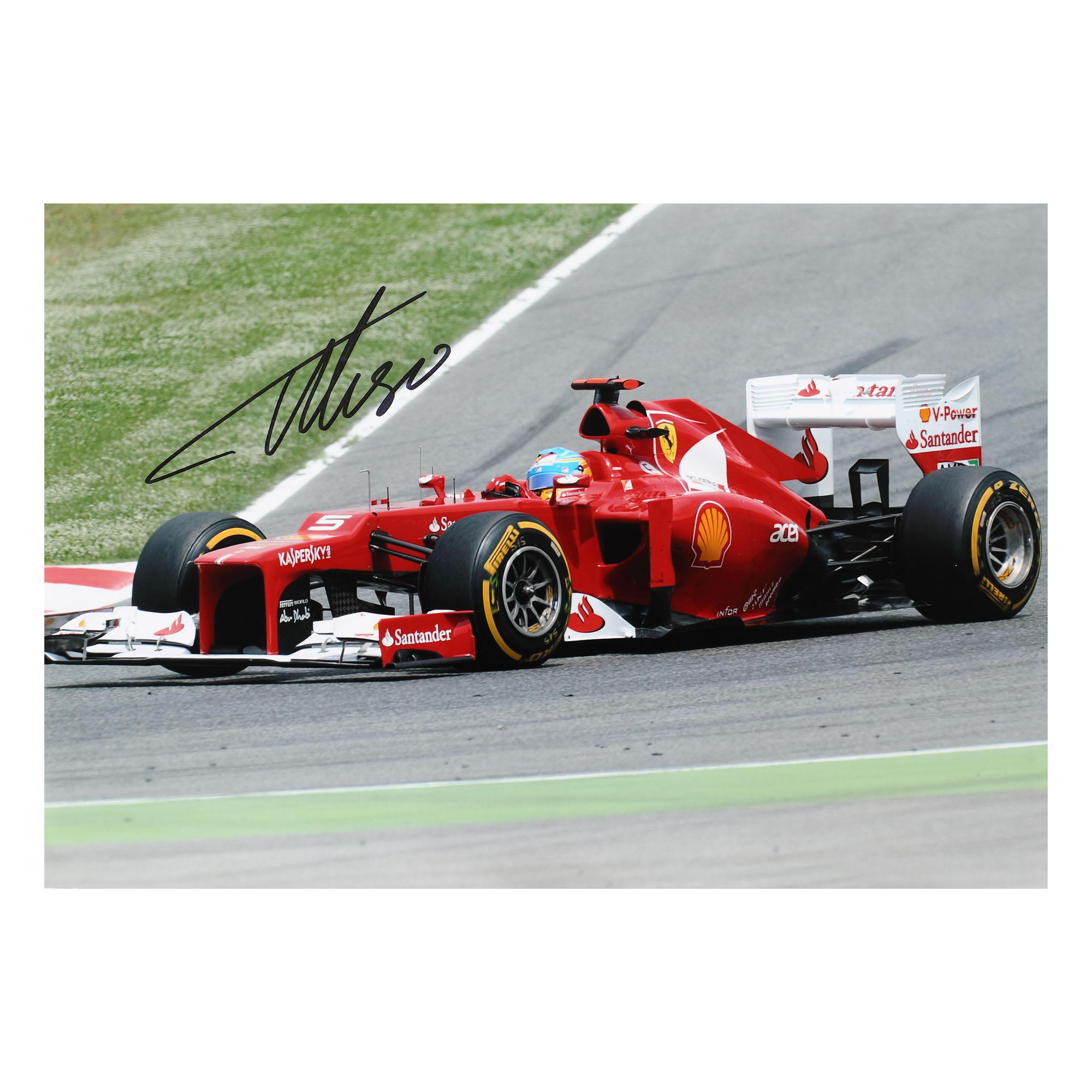 Fotografie ilustrându-l pe Fernando Alonso, cu semnătura olografă și certificat de autenticitate