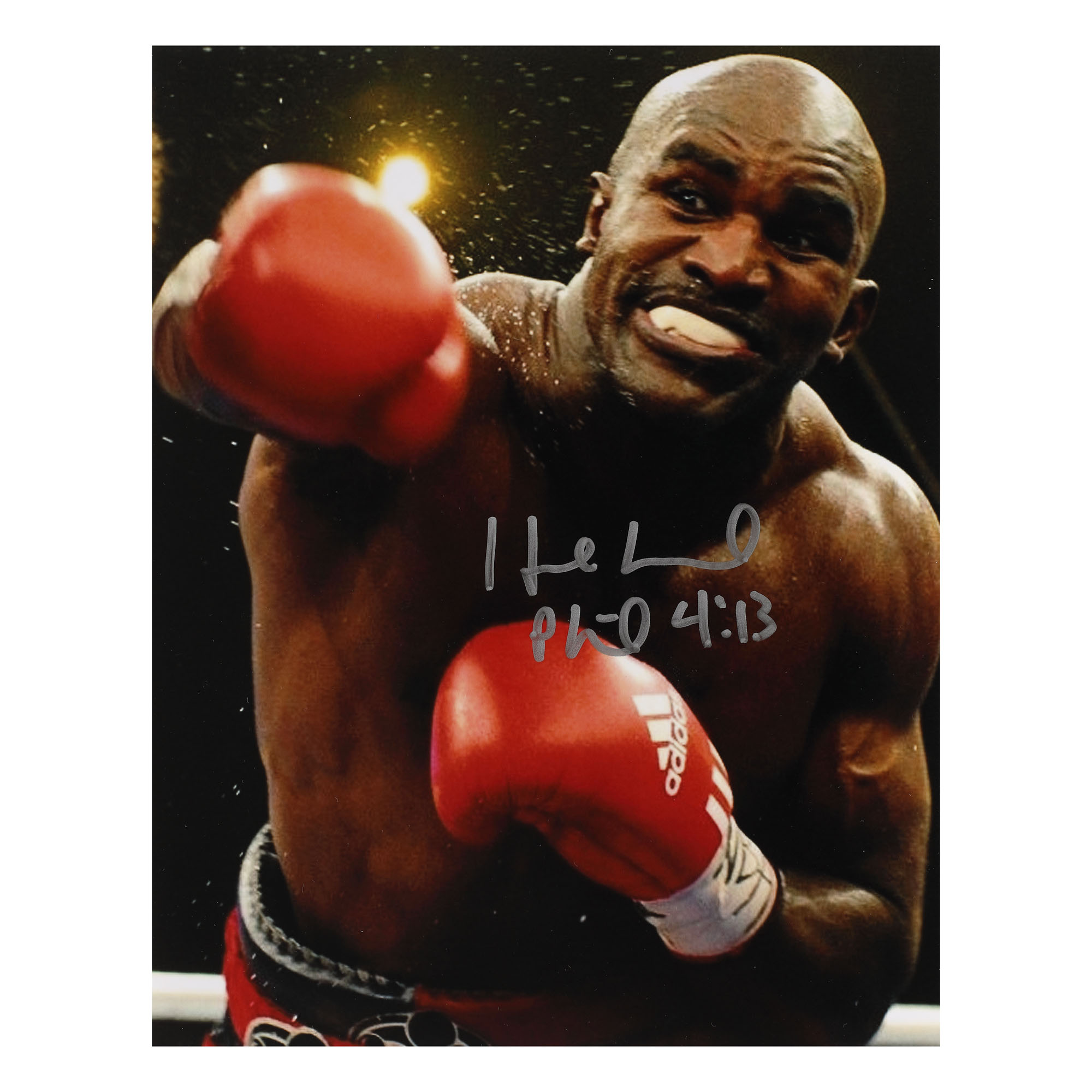 Fotografie ilustrându-l pe Evander Holyfield, cu semnătura olografă și certificat de autenticitate