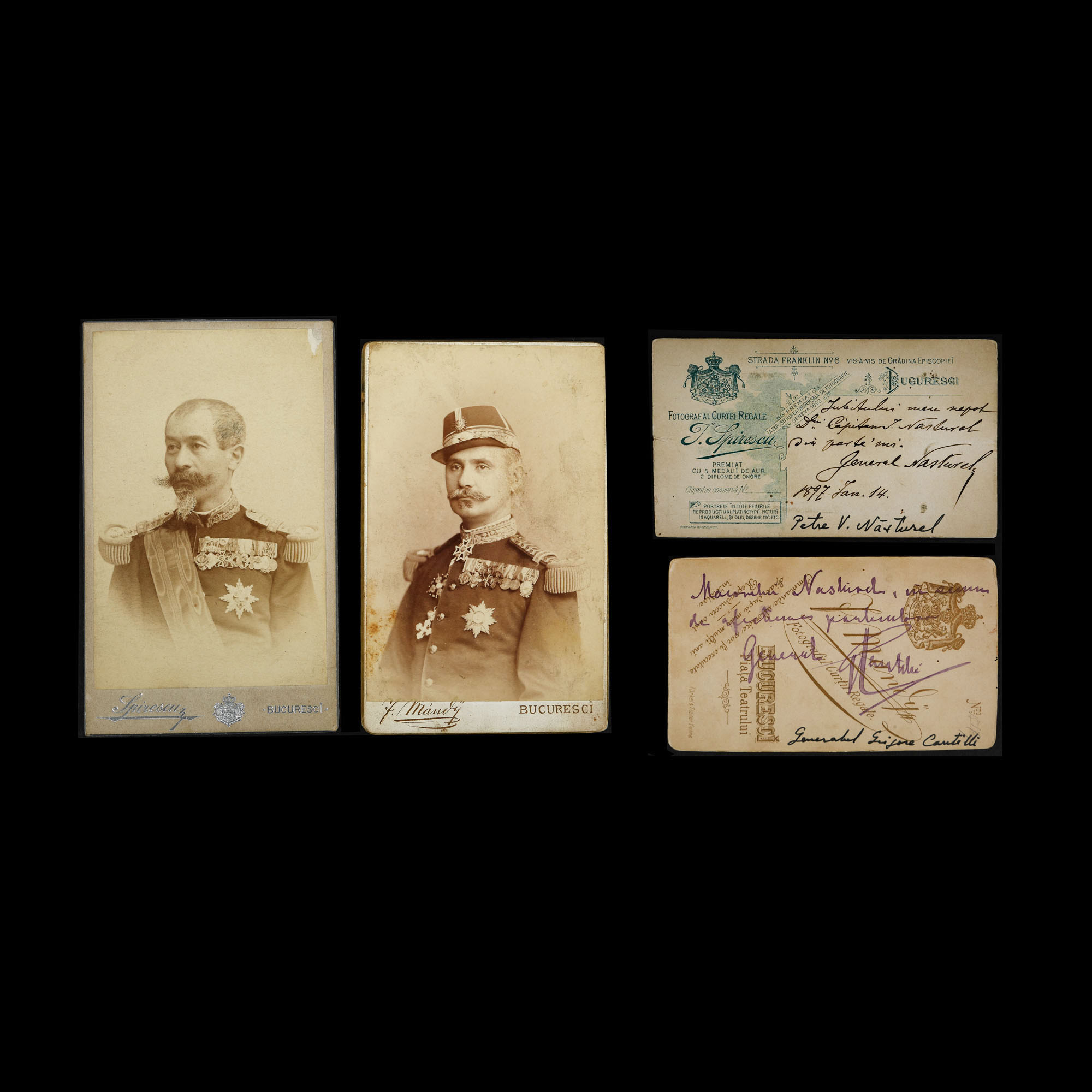 Lot format din două fotografii ilustrându-i pe generalii Petre Vasiliu-Năsturel și Grigore P. Cantilli, București, cca. 1900, cu dedicațiile și semnăturile olografe ale generalilor