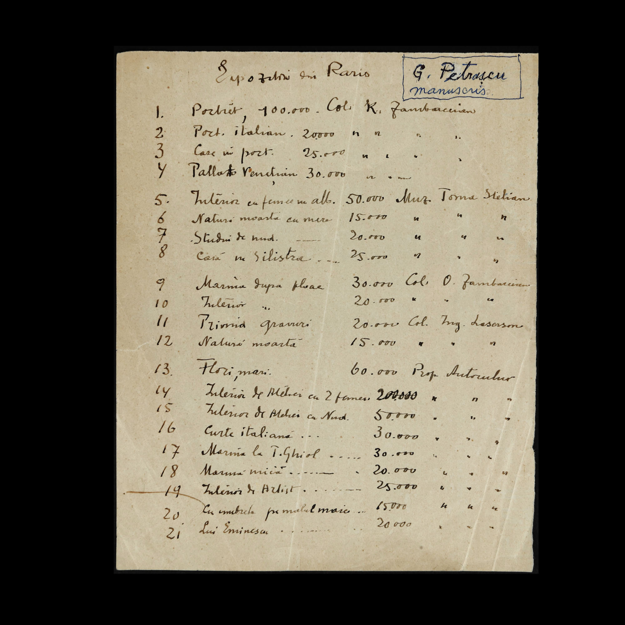 Manuscris ”Expoziția de la Paris”, de Gheorghe Petrașcu, provine din colecția compozitorului Ion Dumitrescu (o filă)