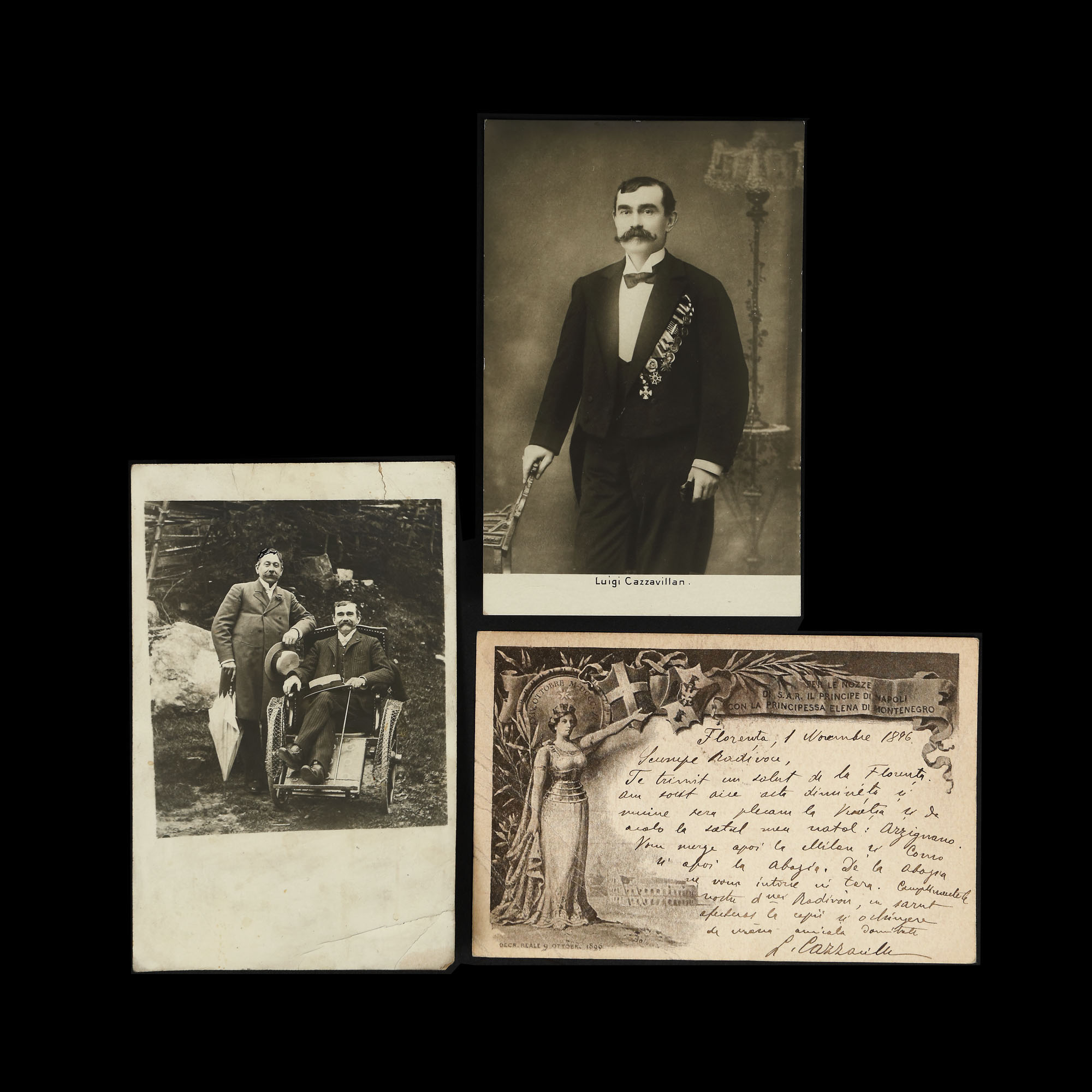 Lot format din două cărți poștale ilustrându-i pe Theodor Radivon, bijutierul Casei Regale și Luigi Cazzavillan, fondatorul ziarului ”Universul” și carte poștală (Scumpe Radivon ...) trimisă de Luigi Cazzavillan către Theodor Radivon, Florența, 1 noiembrie 1896