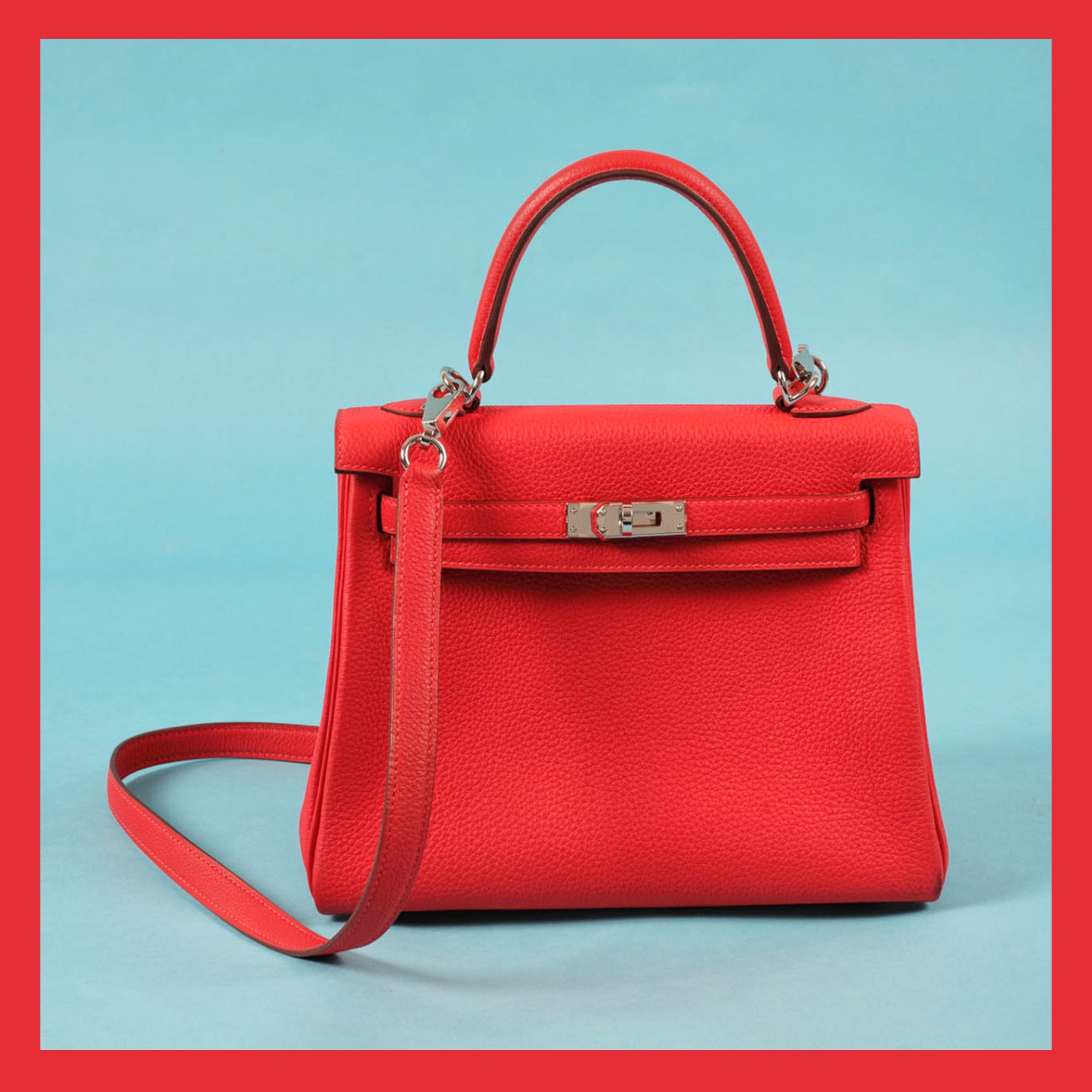 ”Kelly 25 Retourne” - geantă Hermès, din piele Togo, de culoare Rouge Pivoine, de damă, vine însoțită de factura 
