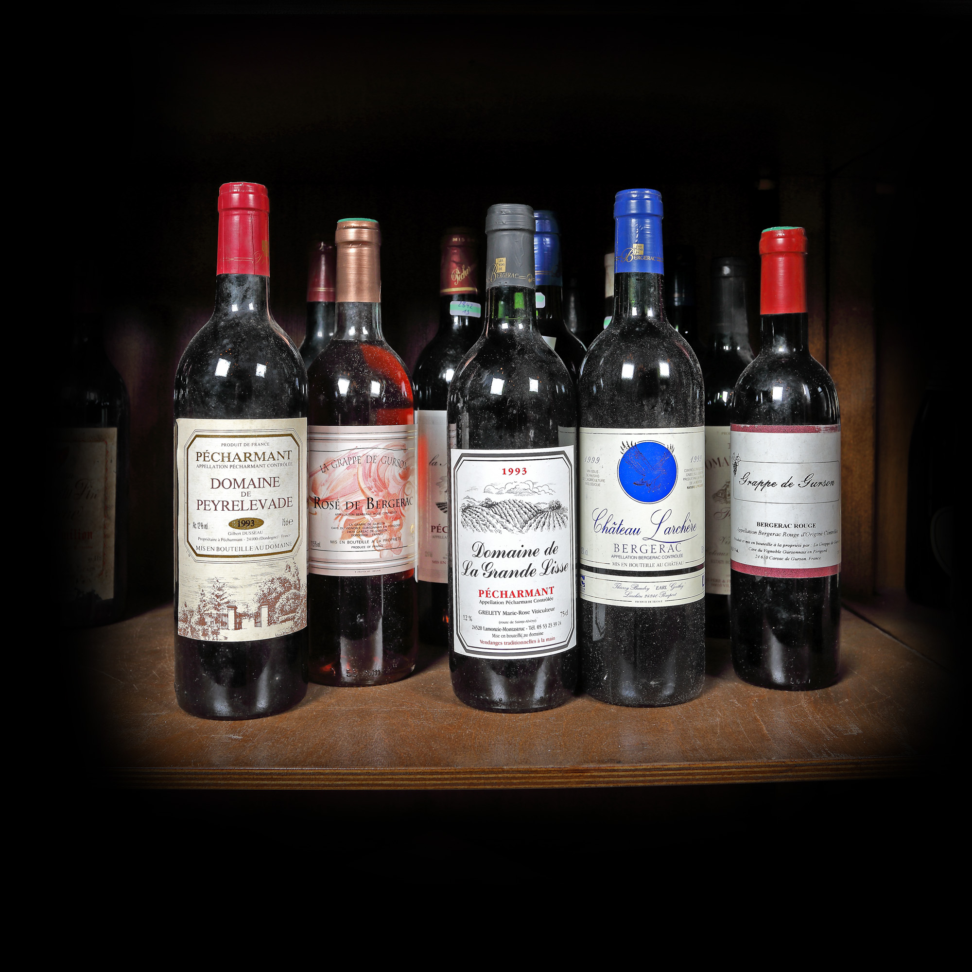 Selection of wines Bergerac 1995/1999/2003, Pécharmant 1993, Domaine Salvat Fenouil, 1998, 12b x 0.75l