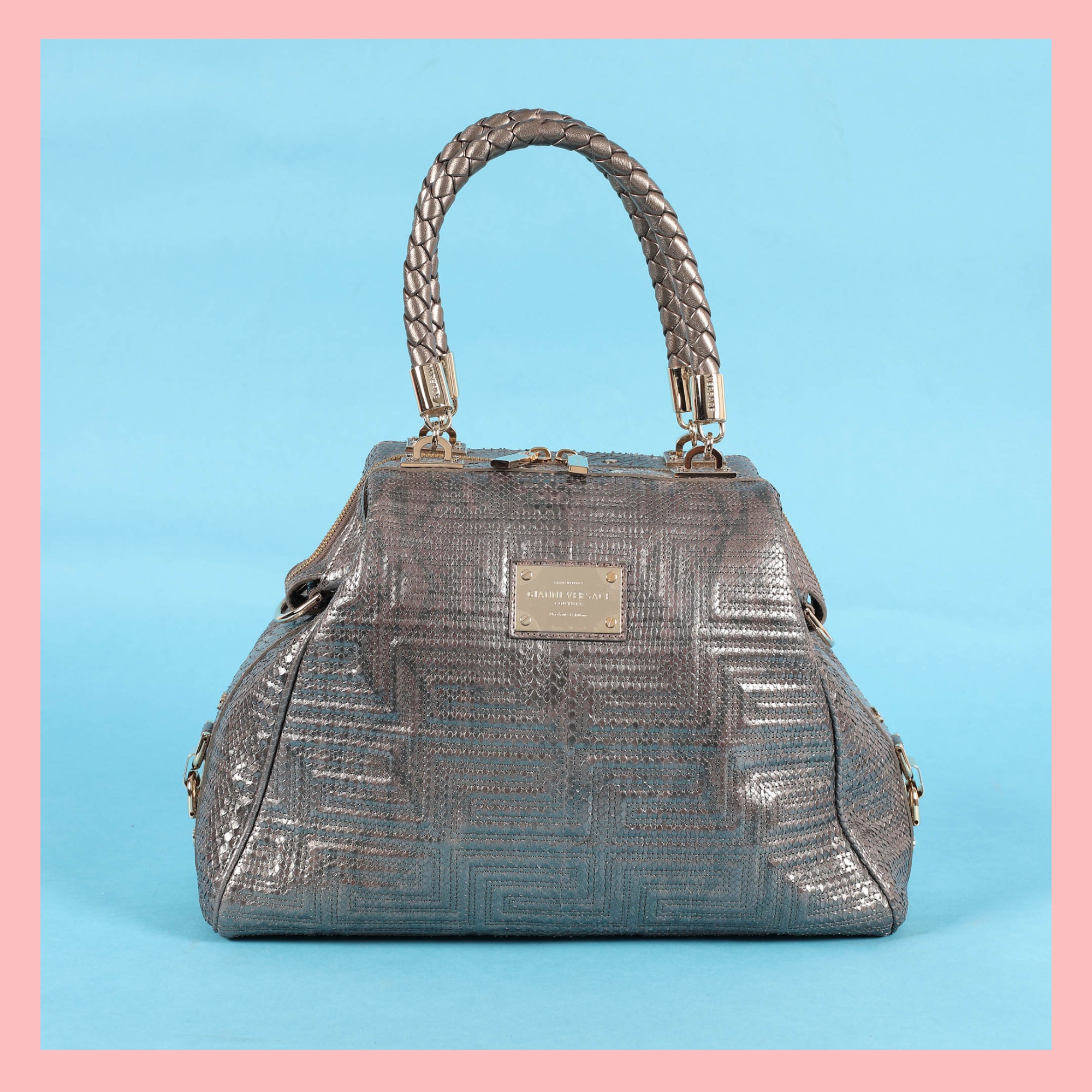Geantă Gianni Versace Couture, din piele de piton, cu decor matlasat Greca, culoare metalică, de damă