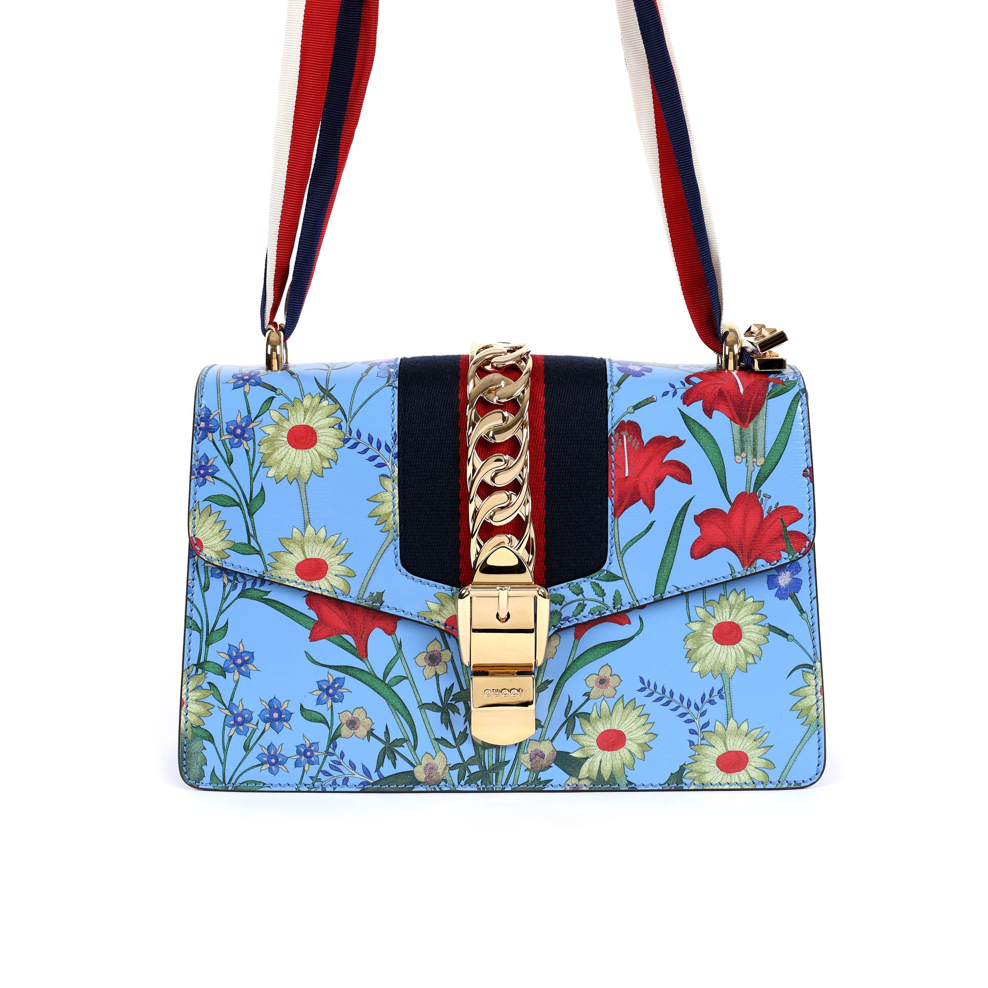 ”Sylvie Flora” - geantă Gucci, din piele, de culoare bleu, decorată cu motive vegetale și aplicație metalică