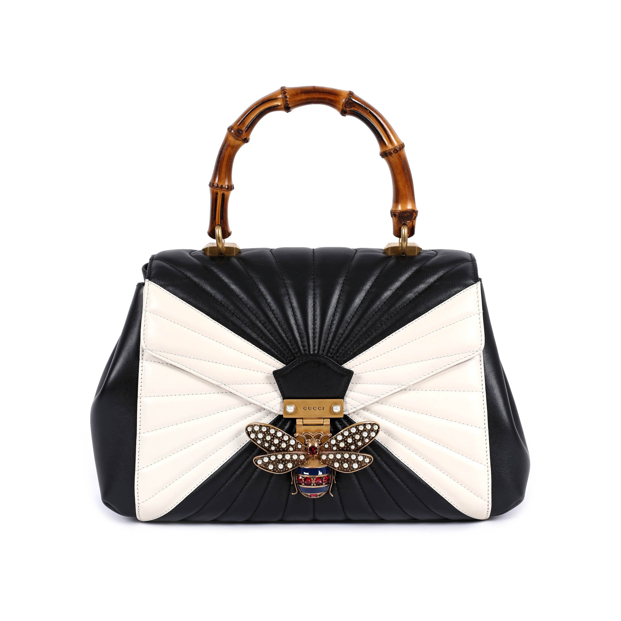 ”Queen Margaret” - geantă Gucci, din piele, în culori monocrome, decorată central cu o albină stilizată și mâner din bambus 